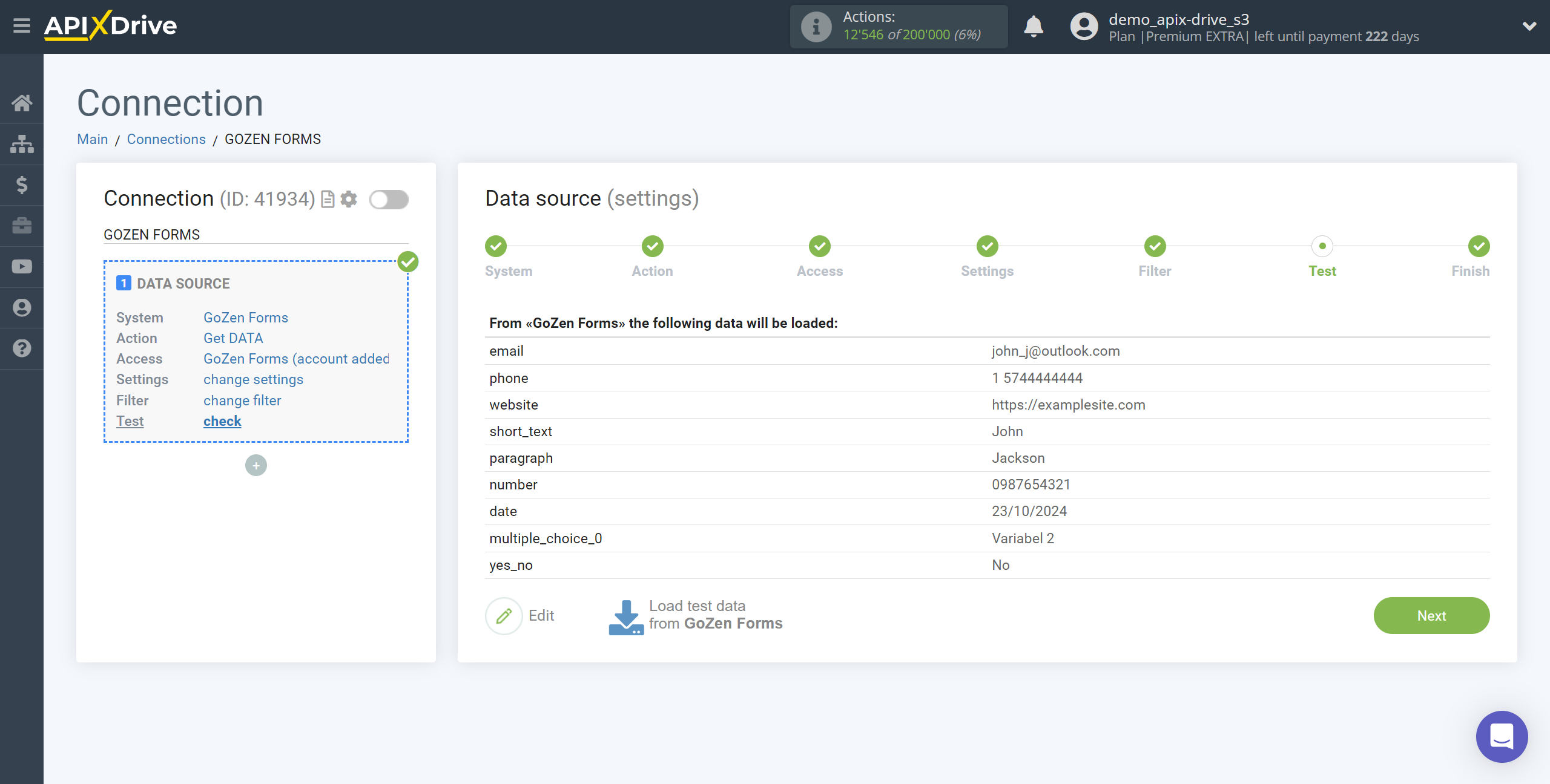 How to Connect GoZen Forms as Data Source | Test data