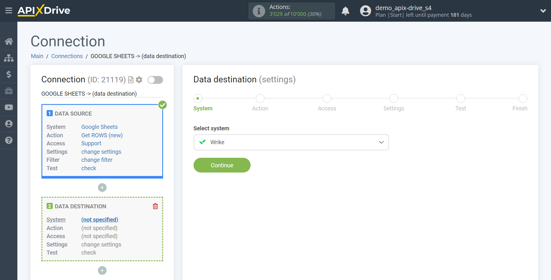 How to Connect Wrike as Data Destination | System selection