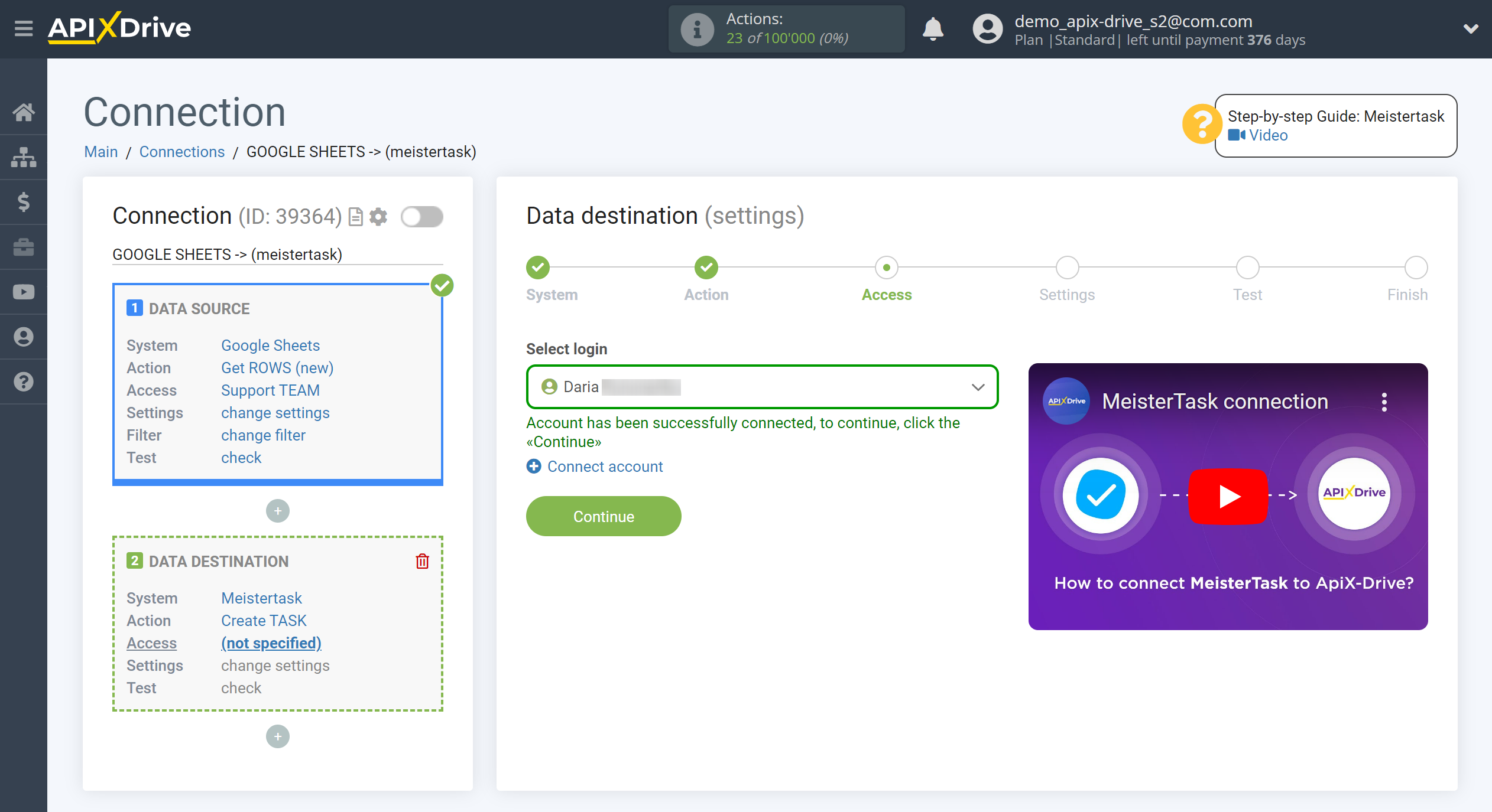 How to Connect MeisterTask as Data Destination | Account selection