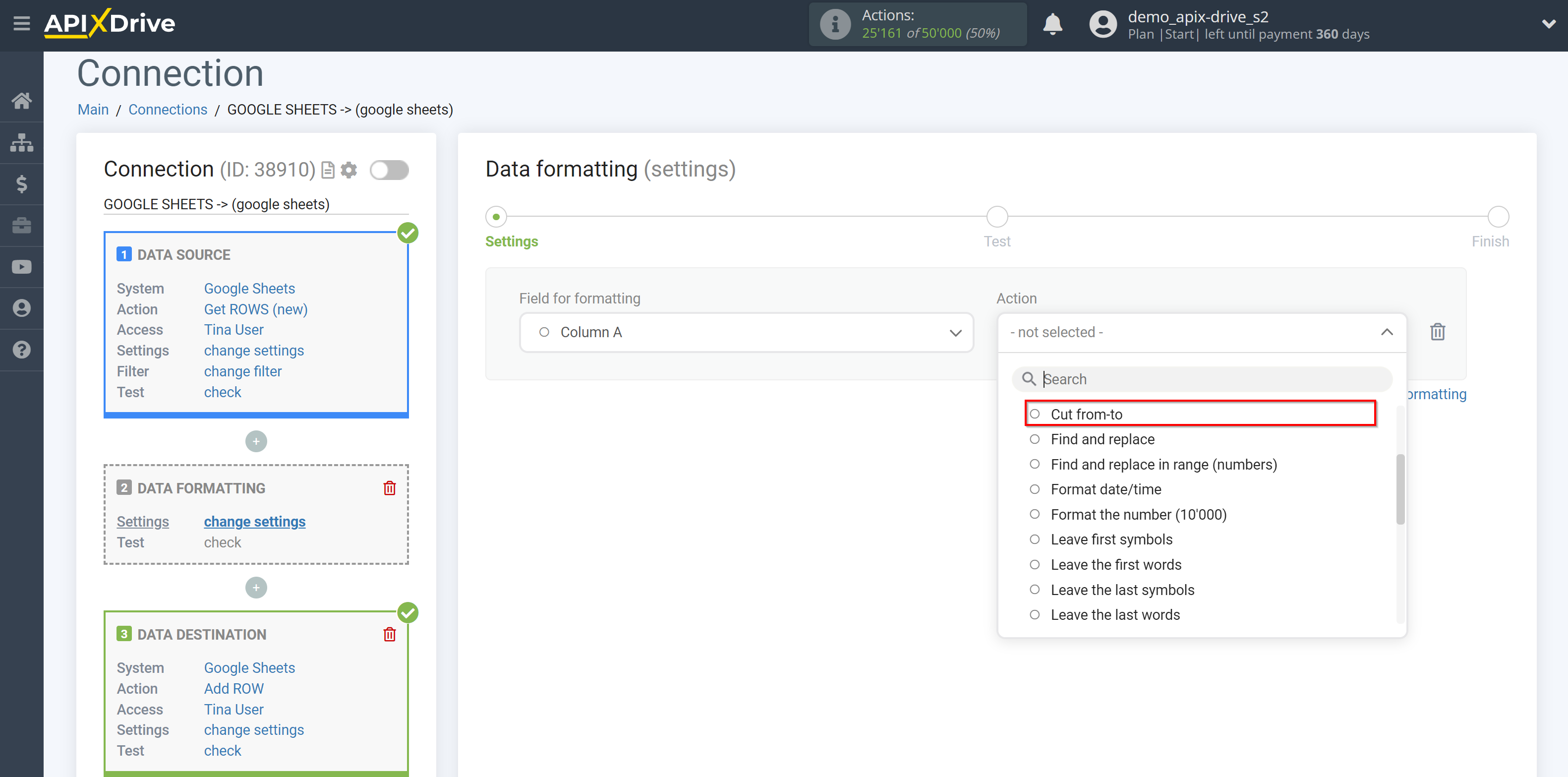 How to setup Data Formatting | Selecting the function Cut from-to