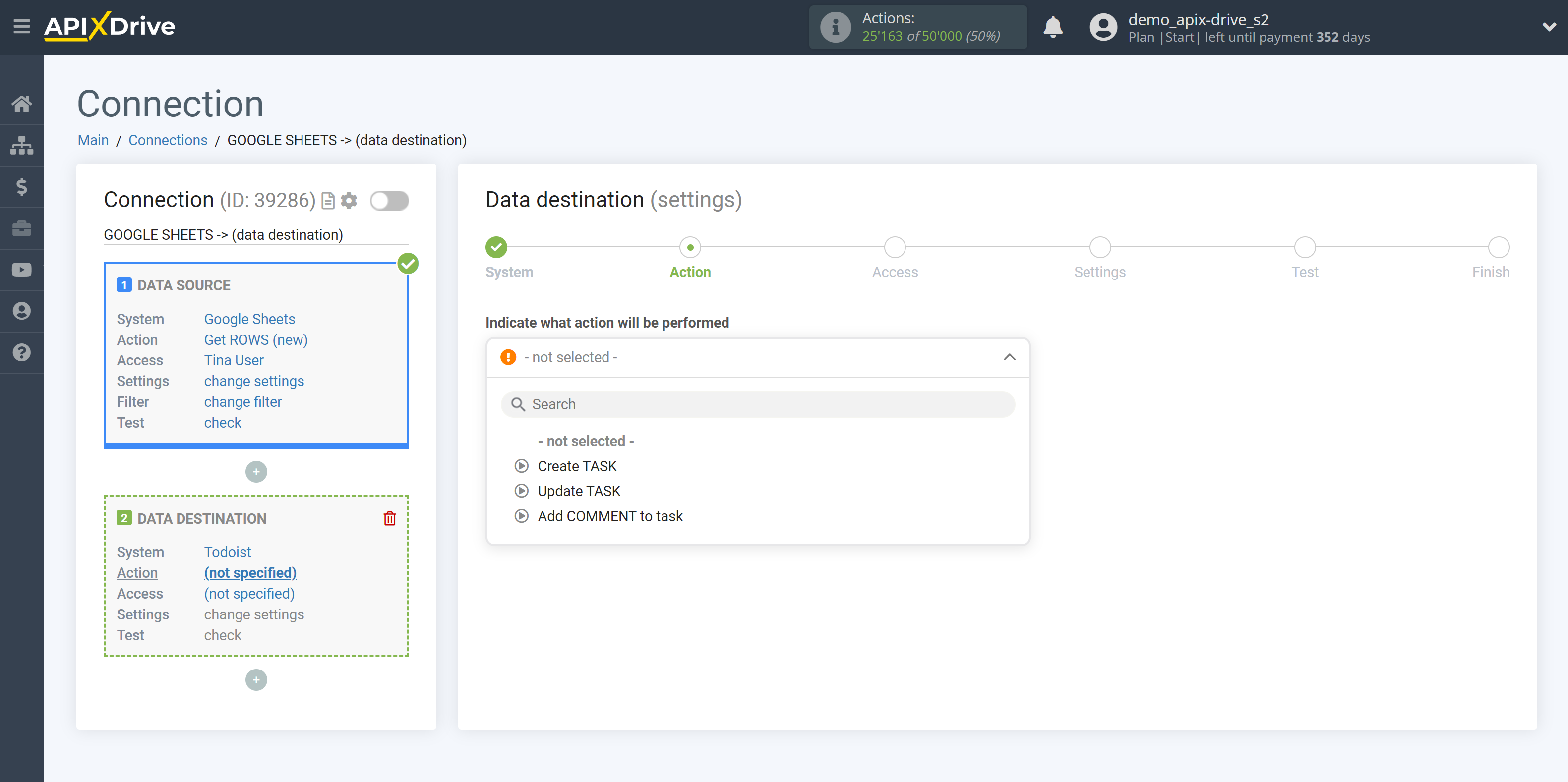 How to Connect Todoist as Data Destination | Action selection