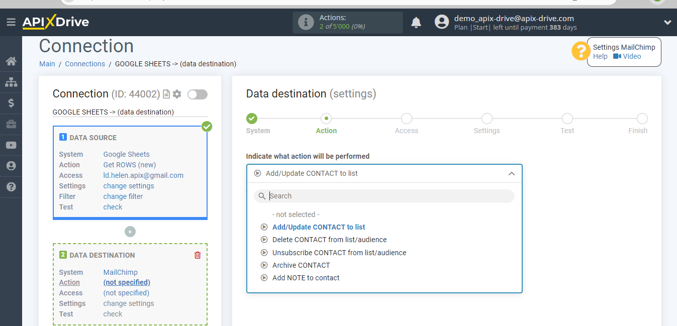 How to Connect MailChimp as Data Destination | Action selection