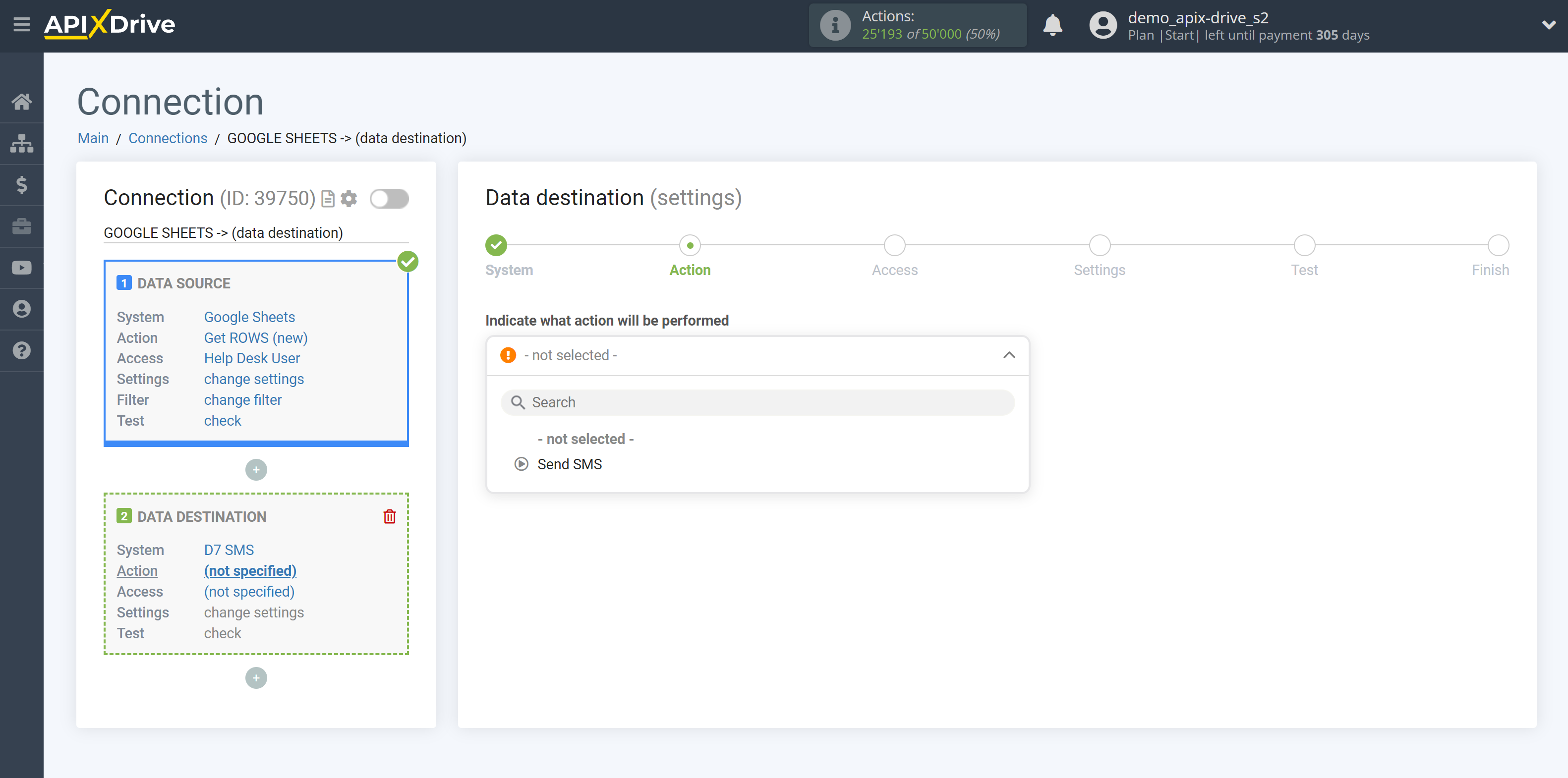 How to Connect D7 SMS as Data Destination | Action selection