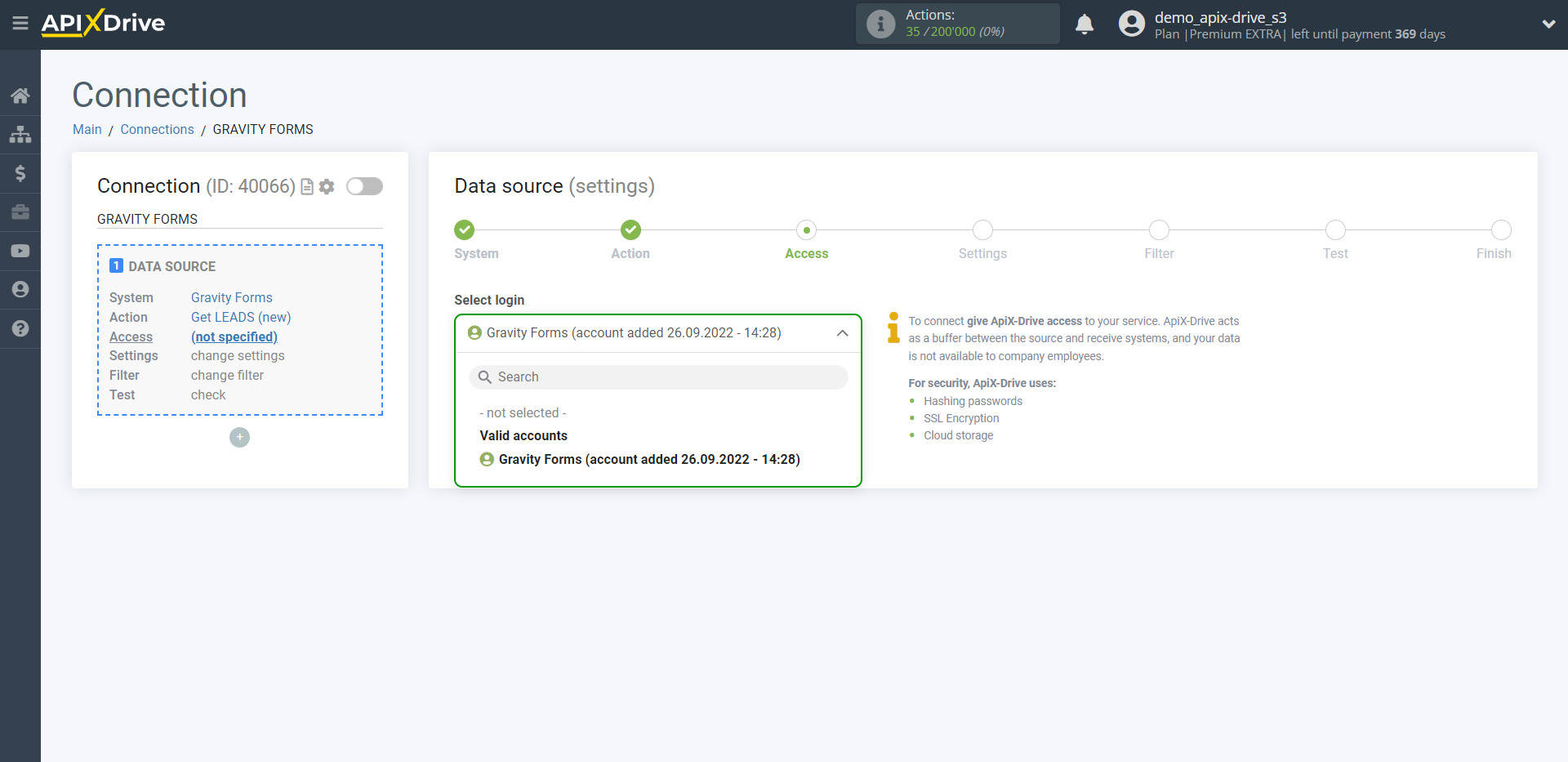 How to Connect Gravity Forms as Data Source | Account connected