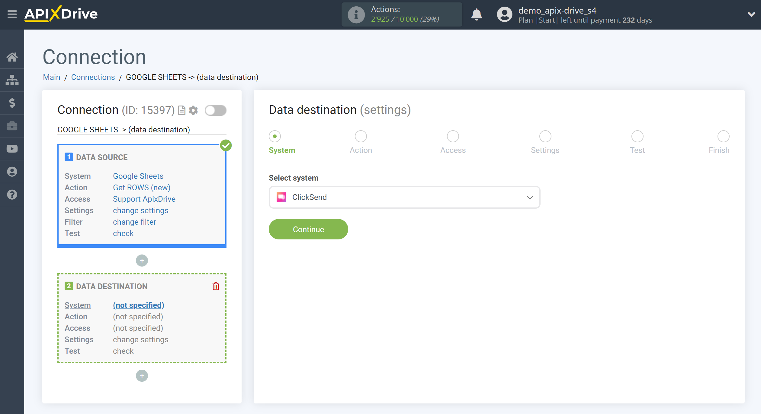 How to Connect ClickSend as Data Destination | System selection