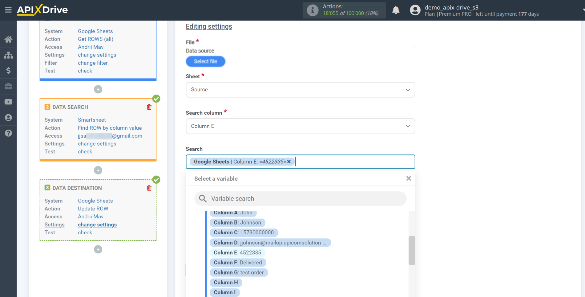 Setting Smartsheet Rows Search in Google Sheets | Assigning fields