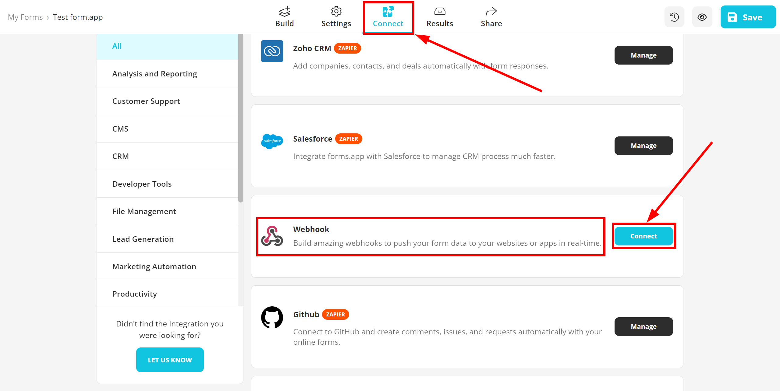 How to Connect forms.app as Data Source | Go to Webhook settings