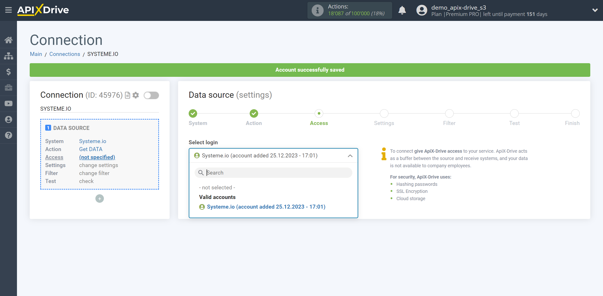 How to Connect Systeme.io as Data Source | Account selection