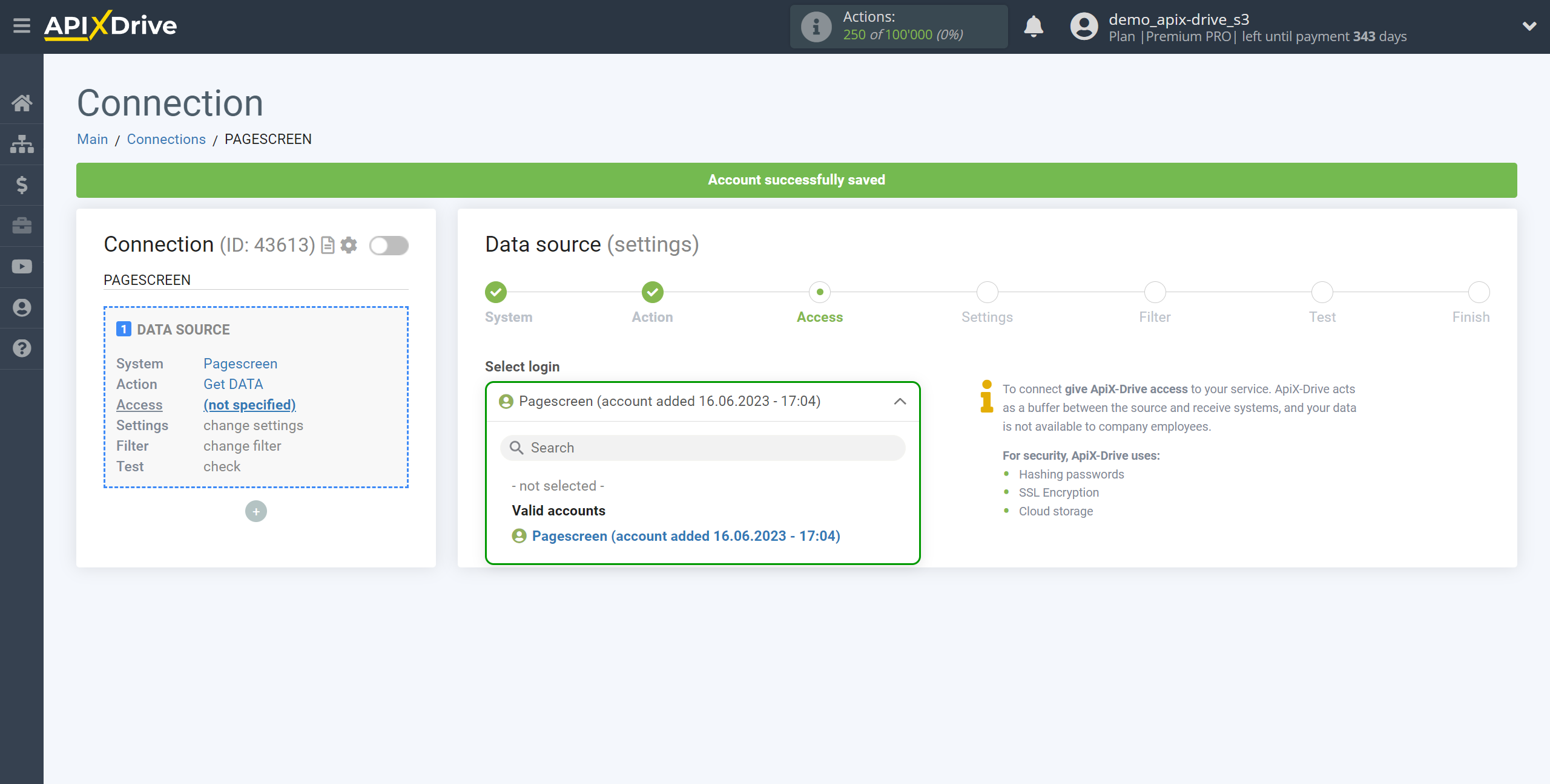 How to Connect Pagescreen as Data Source | Account selection