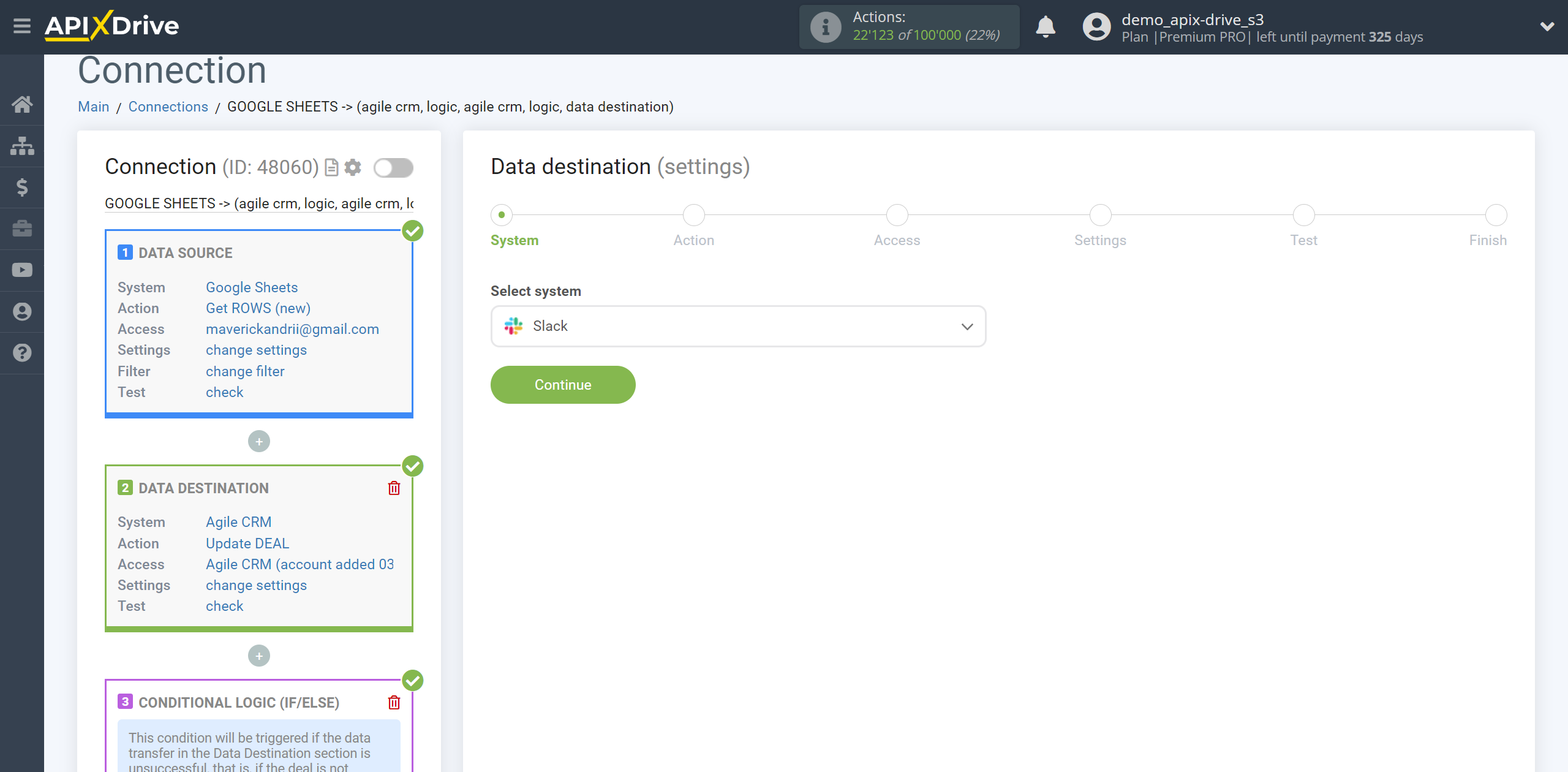 How to setup AgileCRM Update Deal / Create Deal | Selecting a Data Destination system