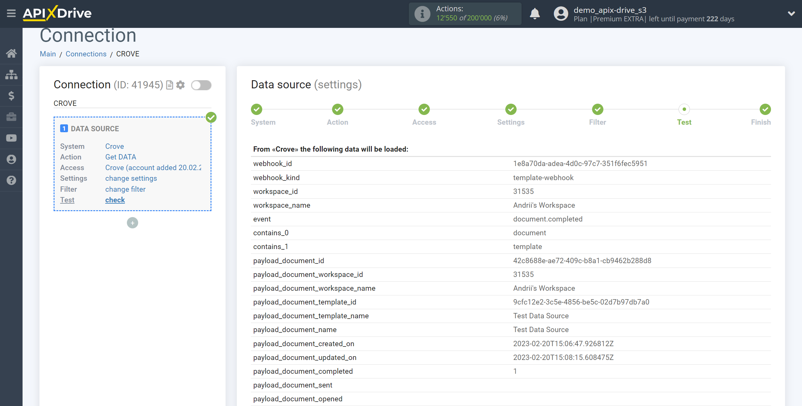 How to Connect Crove as Data Source | Test data