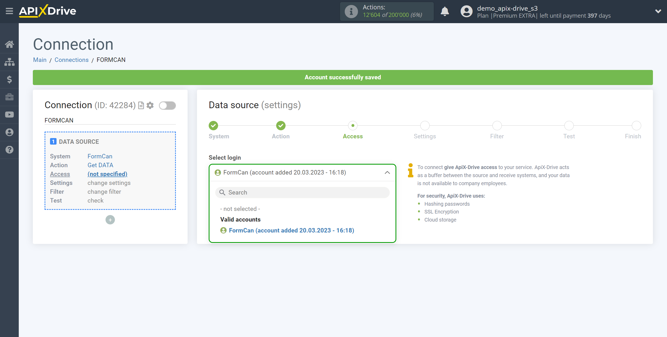 How to Connect FormCan as Data Source | Account selection