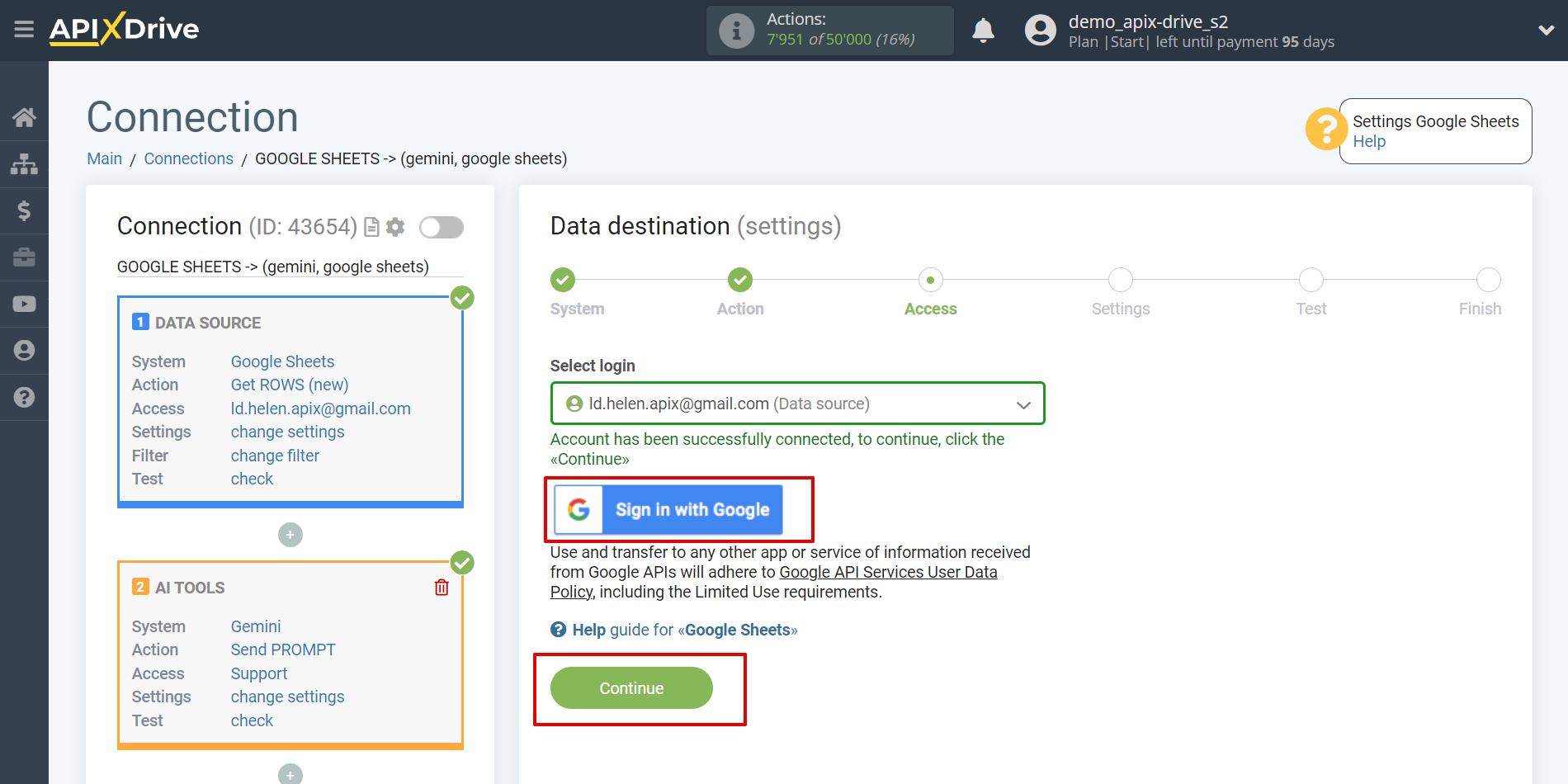 Setting up Gemini in Google Sheets | Account selection