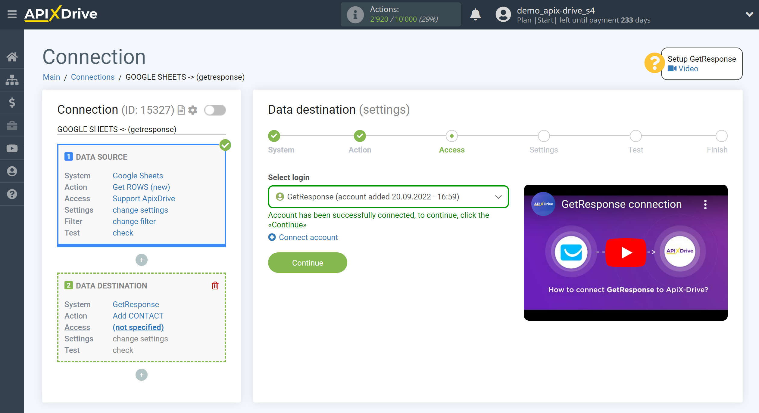 How to Connect GetResponse as Data Destination | Account connection