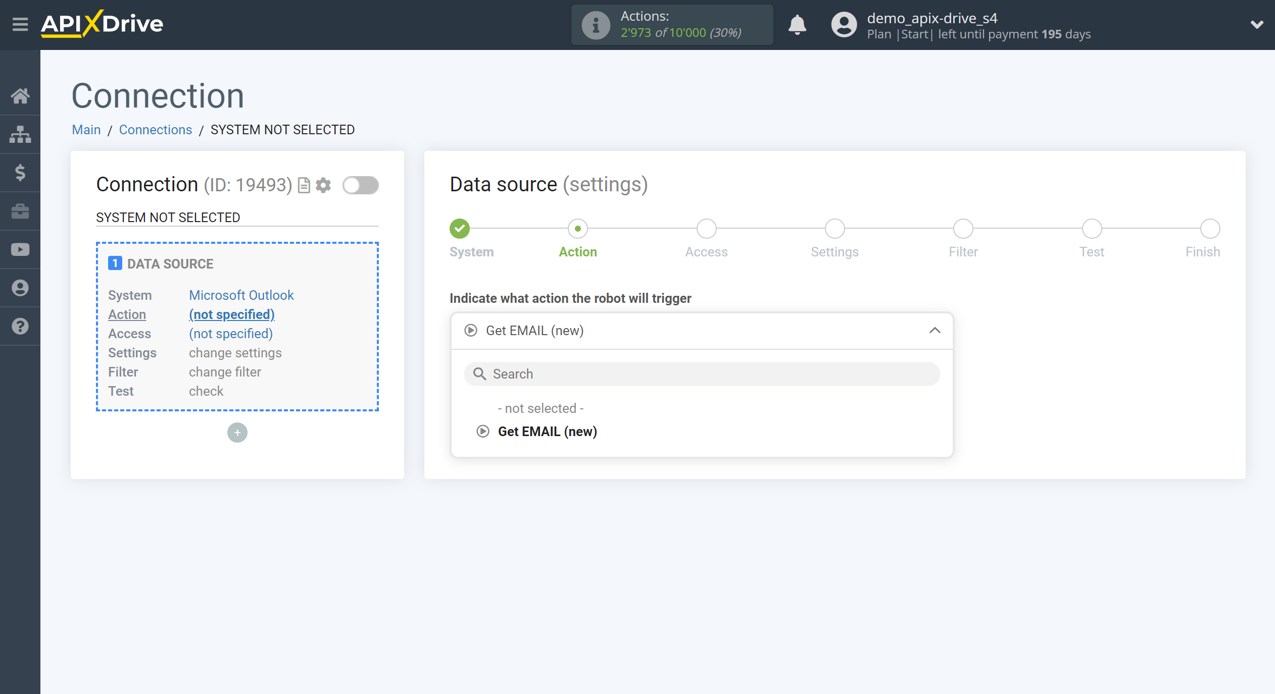 How to Connect Microsoft Outlook as Data Source | Action selection