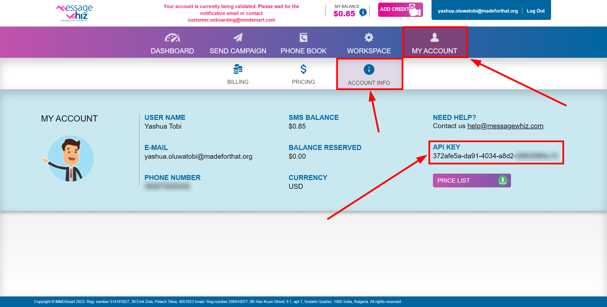 How to Connect MessageWhiz as Data Destination | Go to API key settings