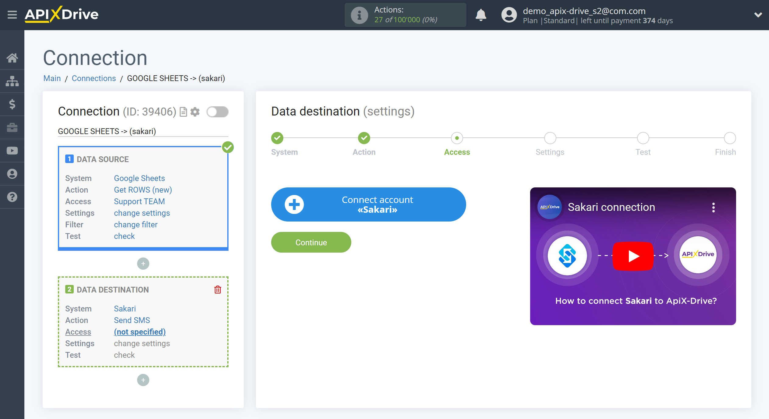 How to Connect Sakari as Data Destination | Account connection