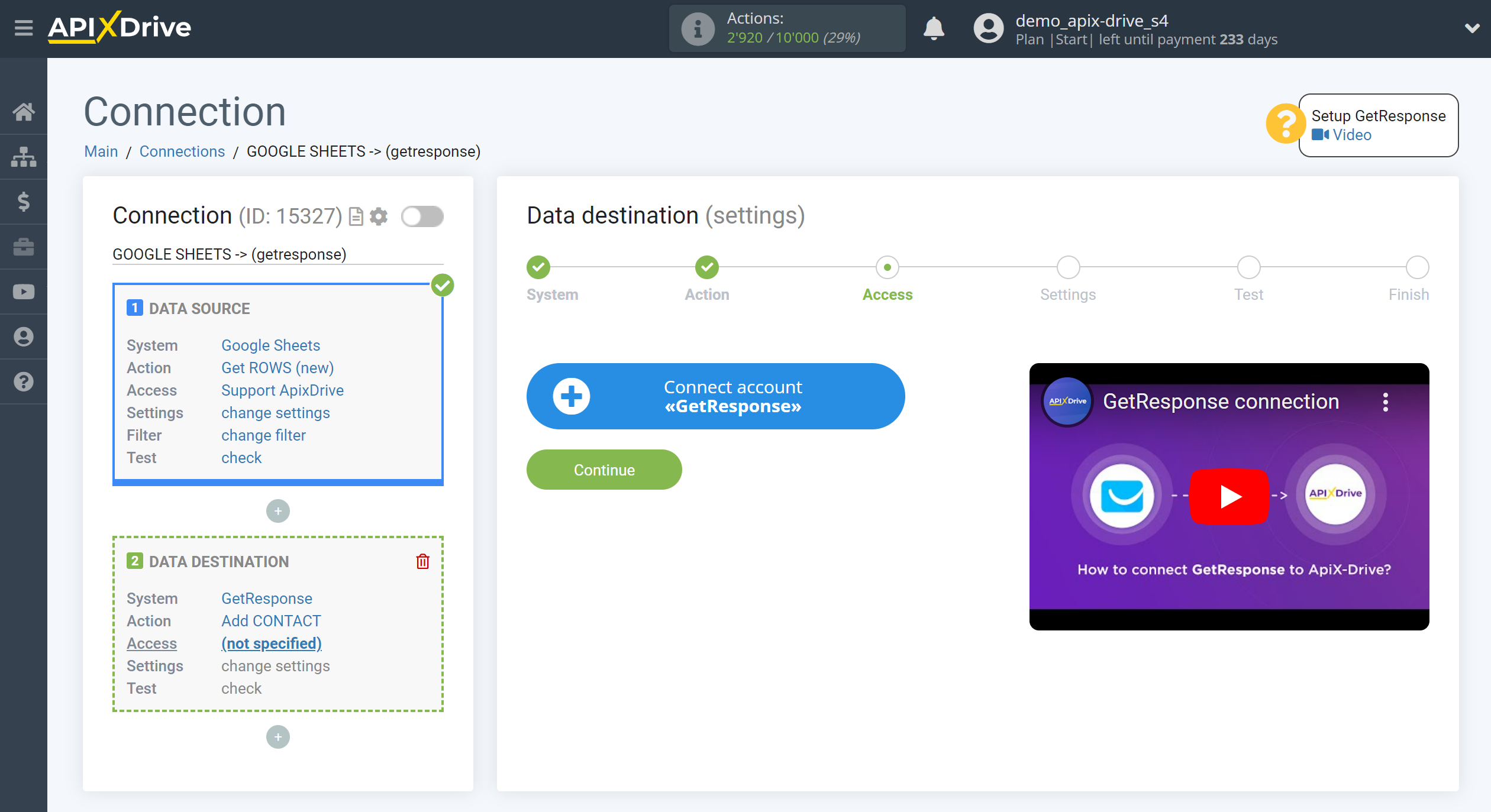 How to Connect GetResponse as Data Destination | Account connection