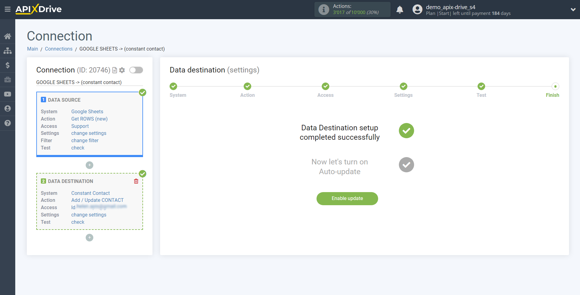 How to Connect Constant Contact as Data Destination | Enable auto-update