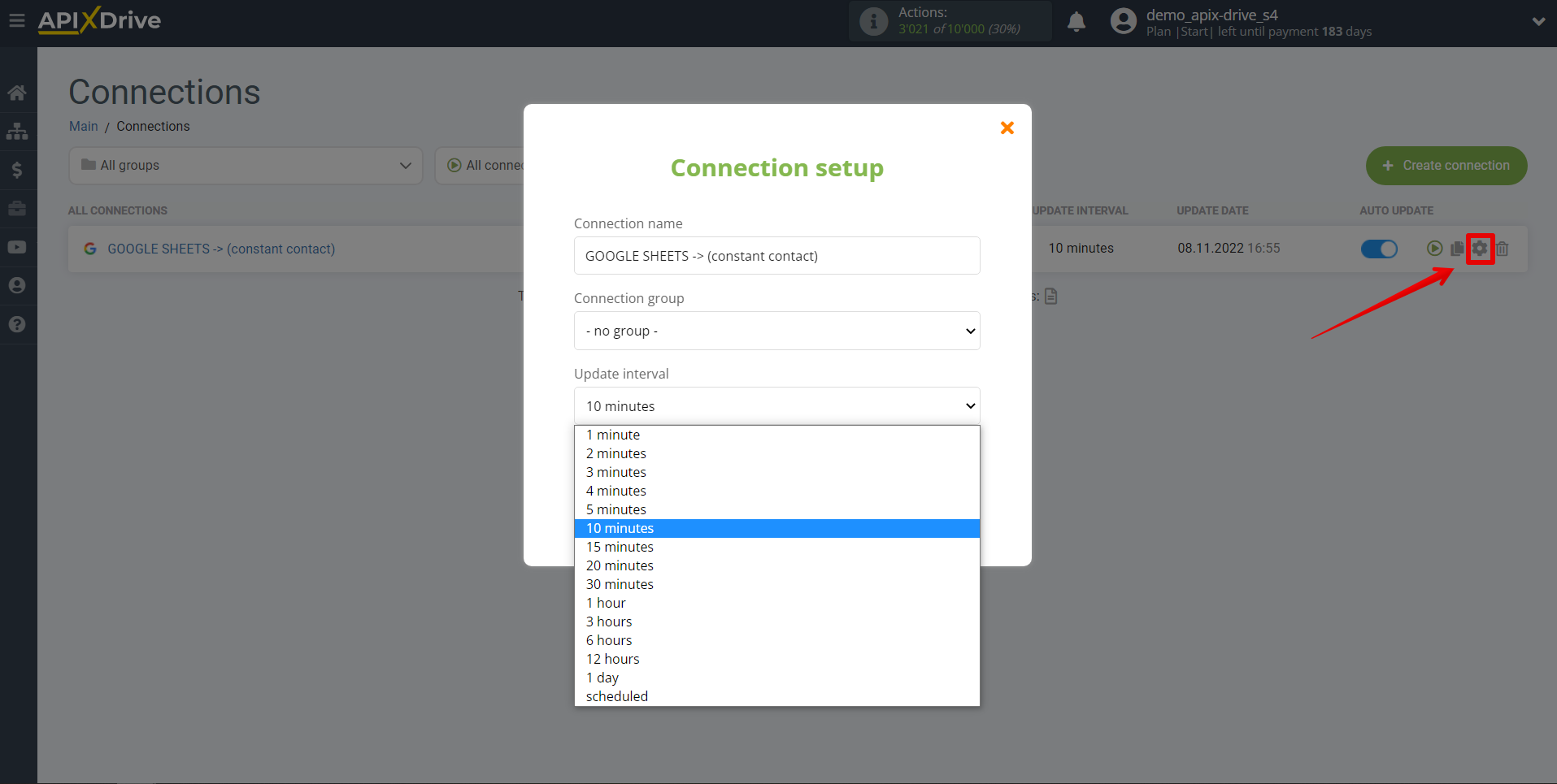 How to Connect Constant Contact as Data Destination | Update interval