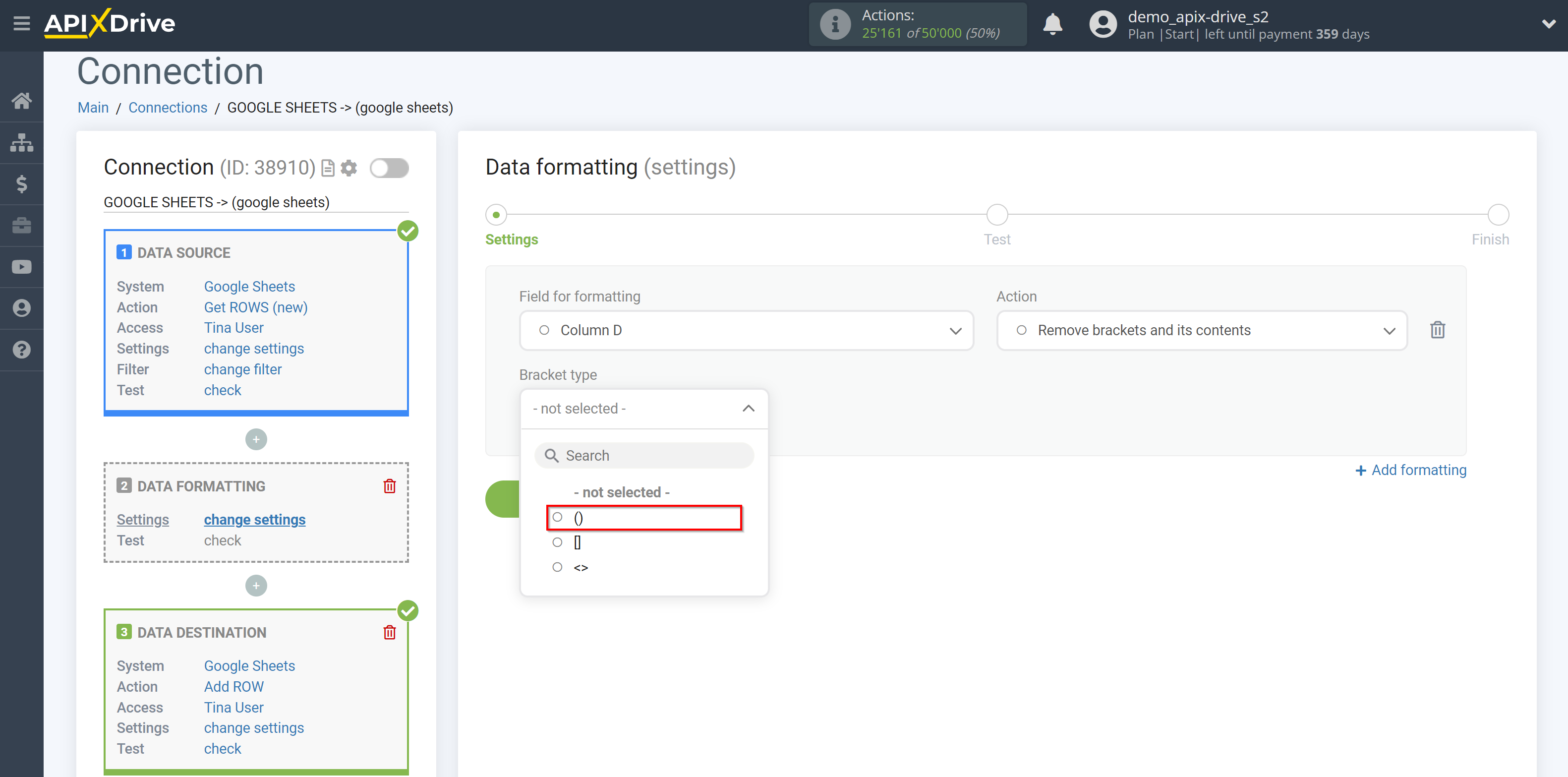 How to setup Data Formatting | Selecting the function Remove brackets and its contents