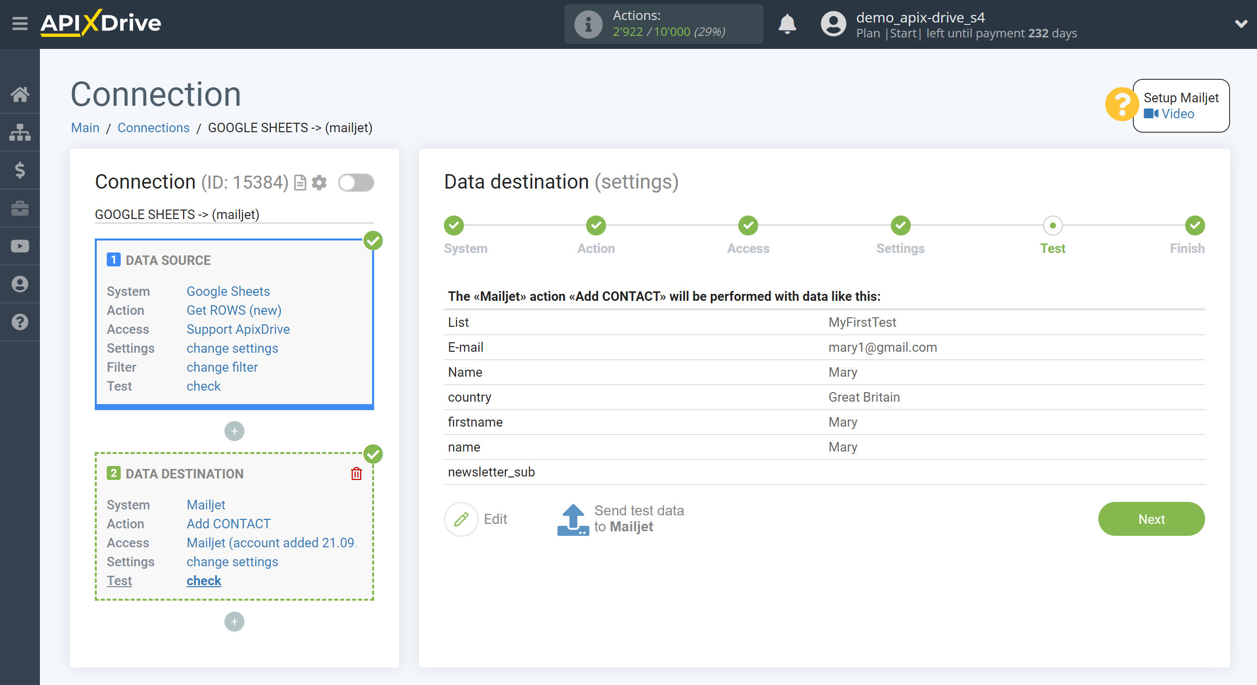 How to Connect Mailjet as Data Destination | Test data