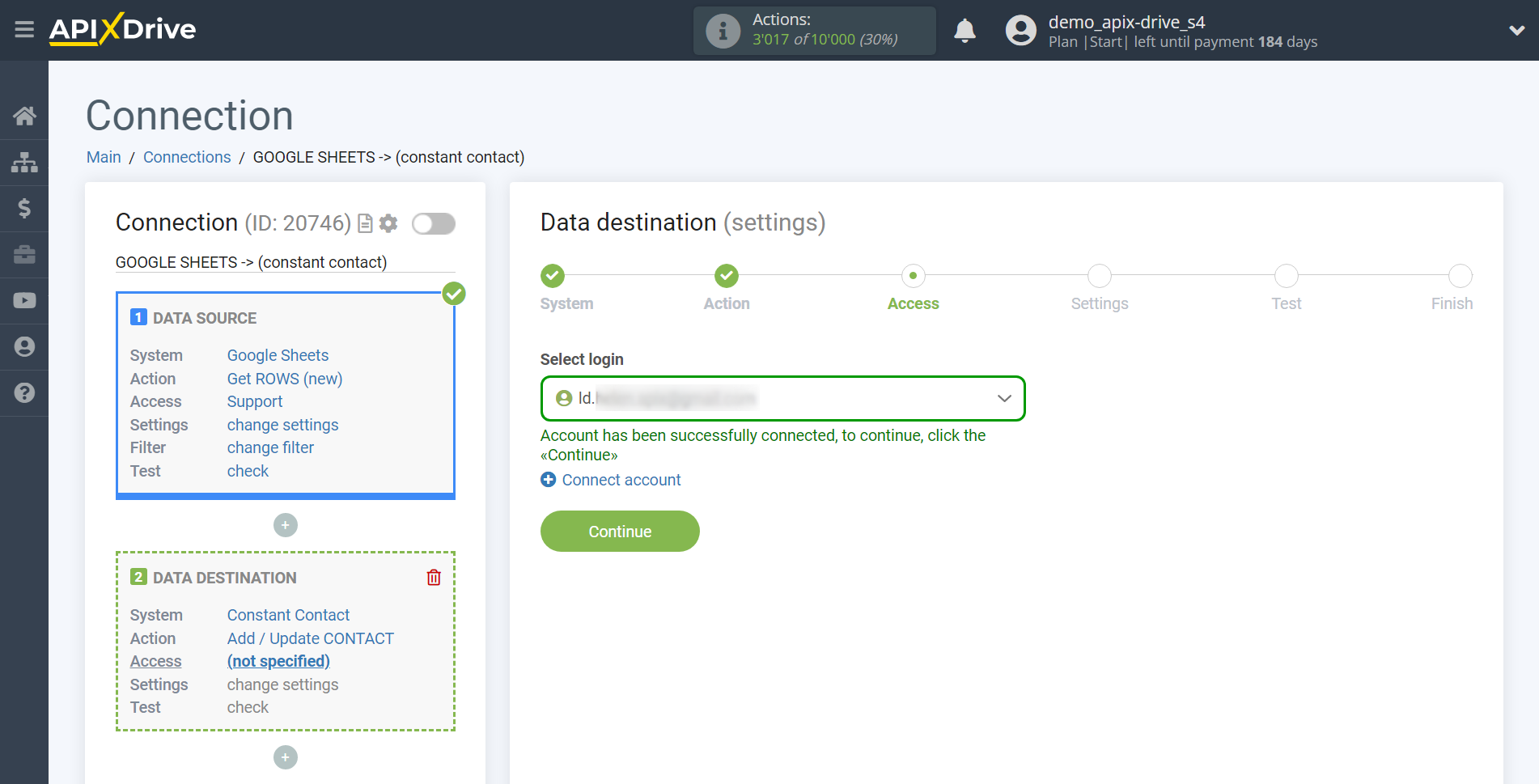 How to Connect Constant Contact as Data Destination | Account selection