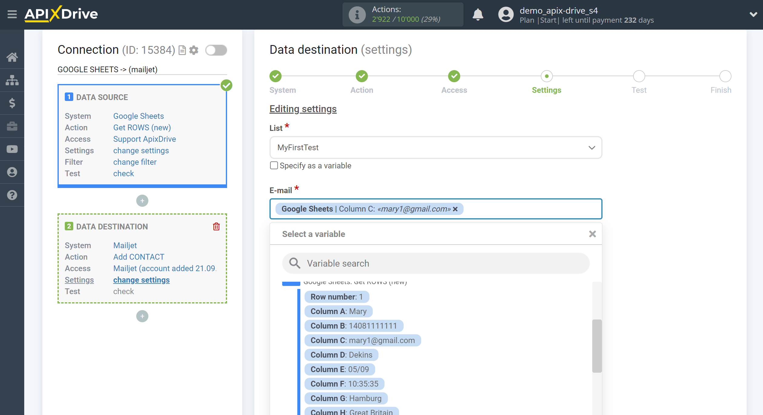 How to Connect Mailjet as Data Destination | Assigning fields