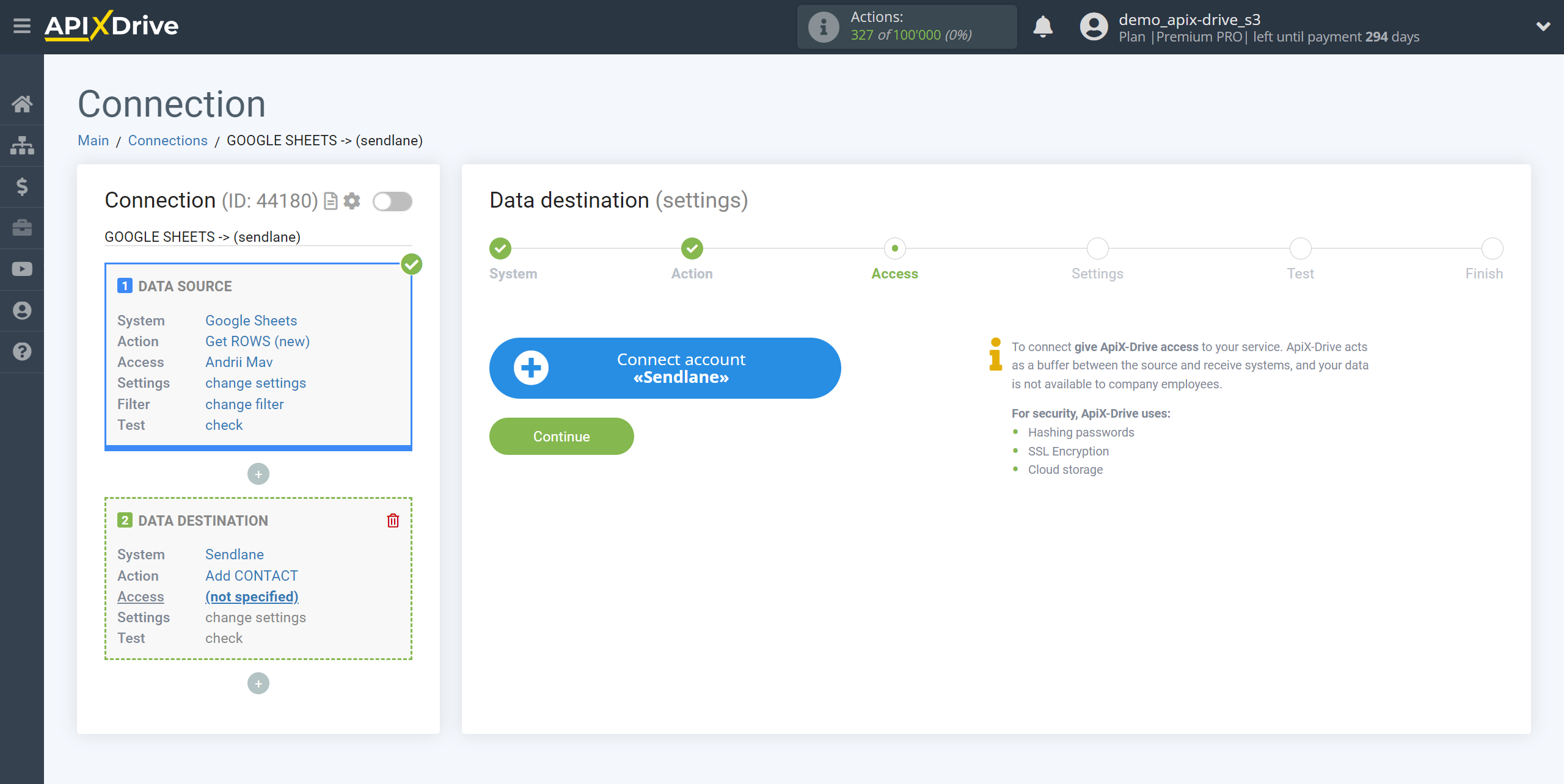 How to Connect Sendlane as Data Destination | Account connection