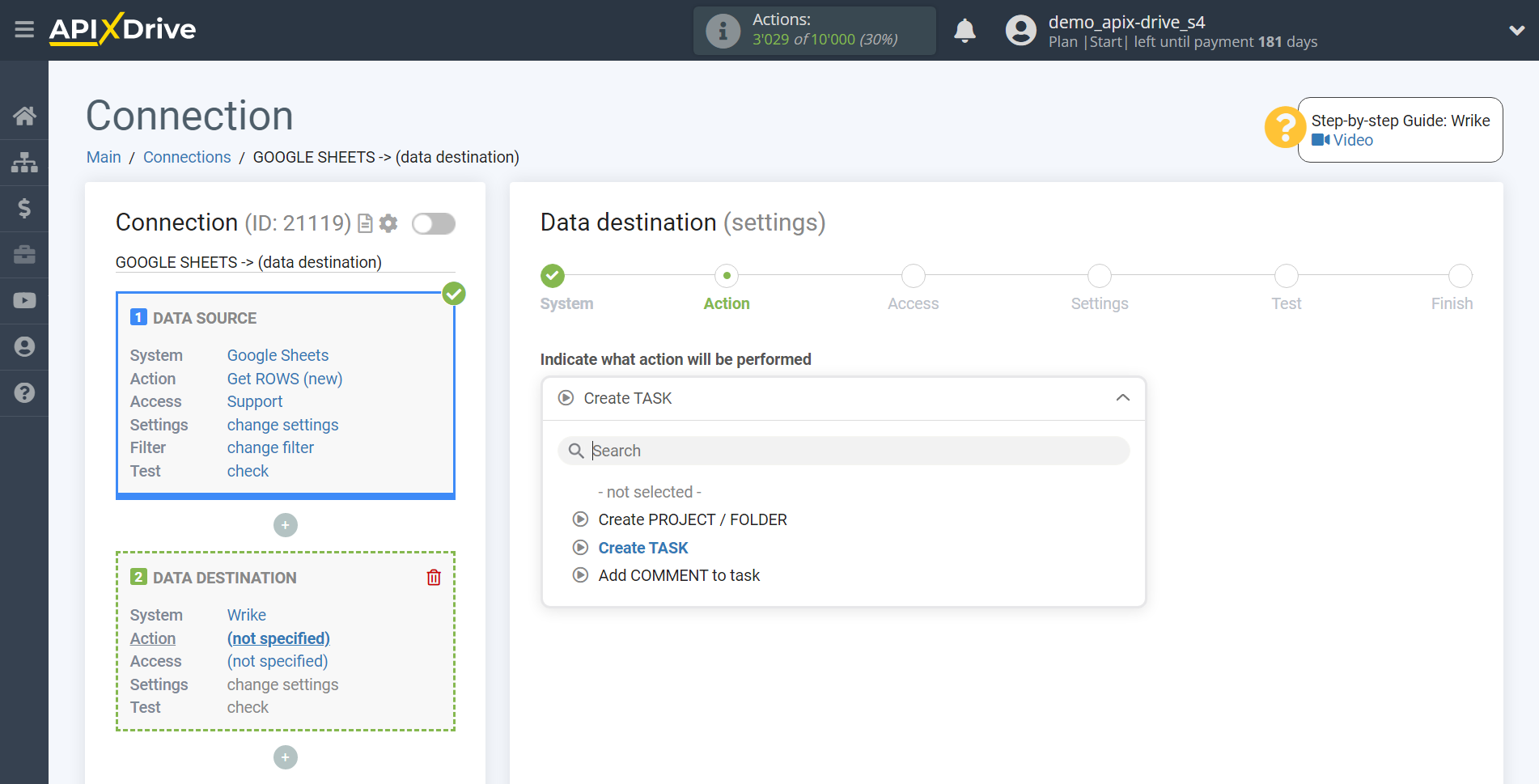 How to Connect Wrike as Data Destination | Action selection