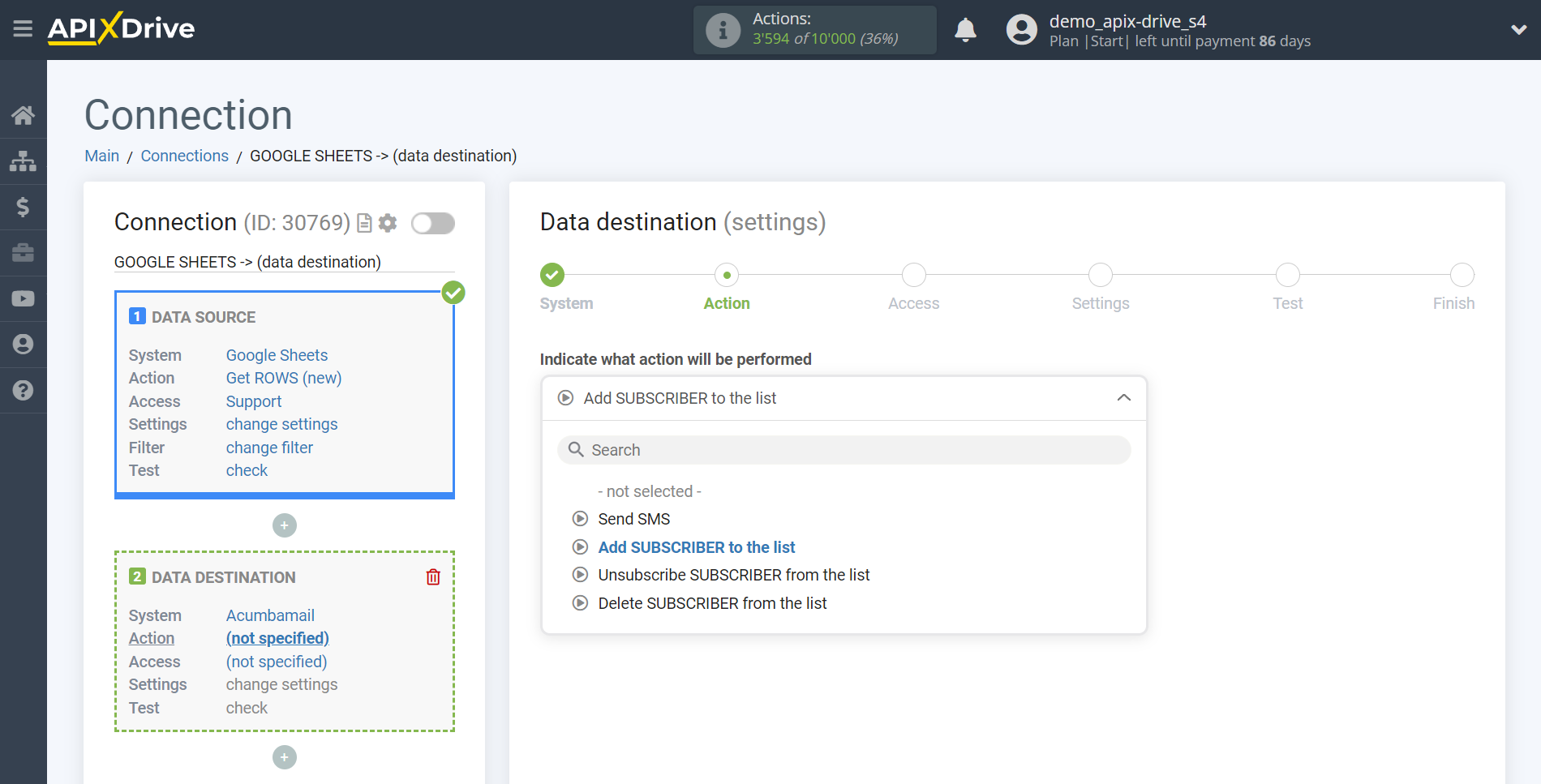 How to Connect Acumbamail as Data Destination | Action selection