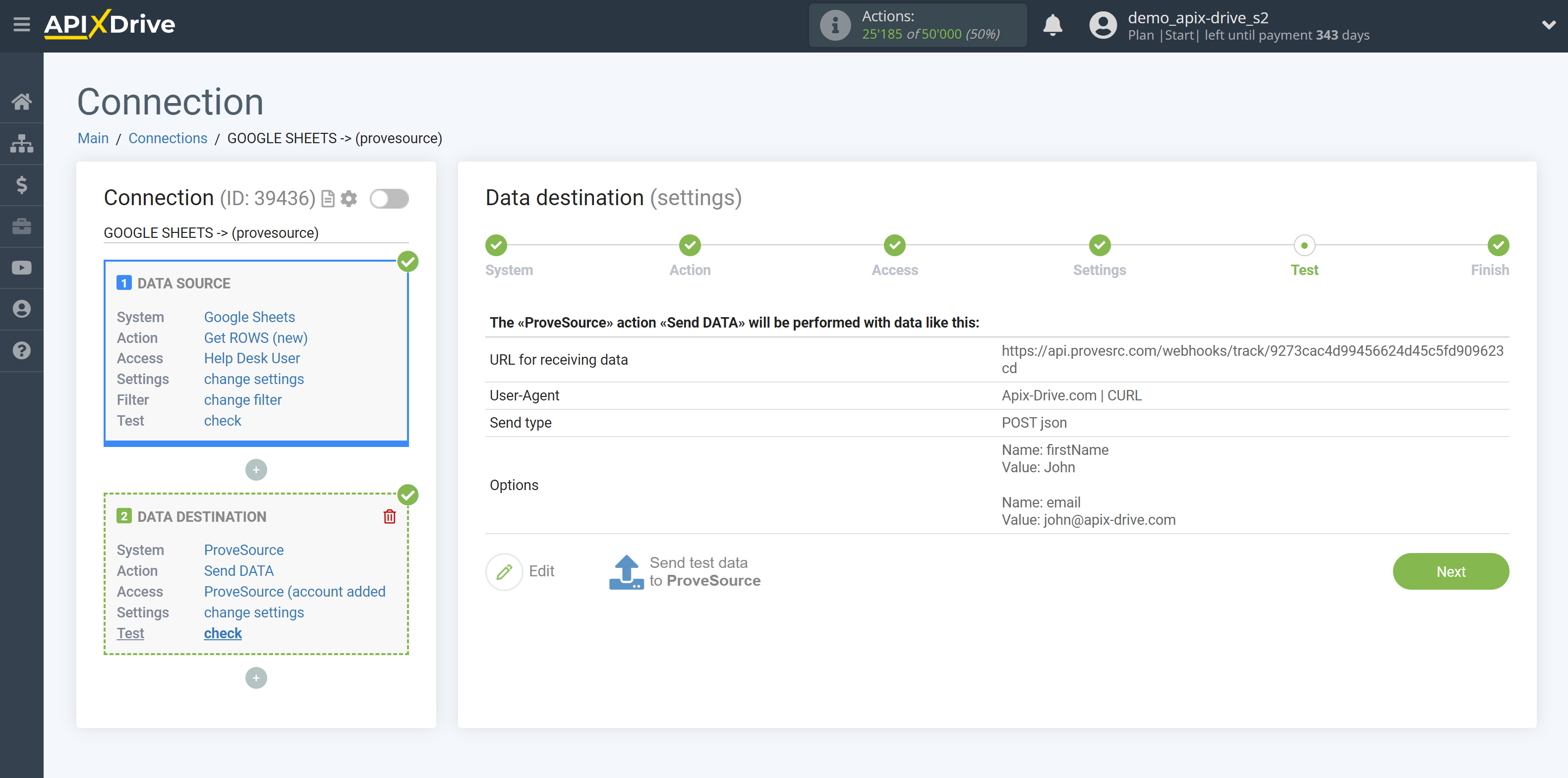 How to Connect ProveSource as Data Destination | Test&nbsp;Data