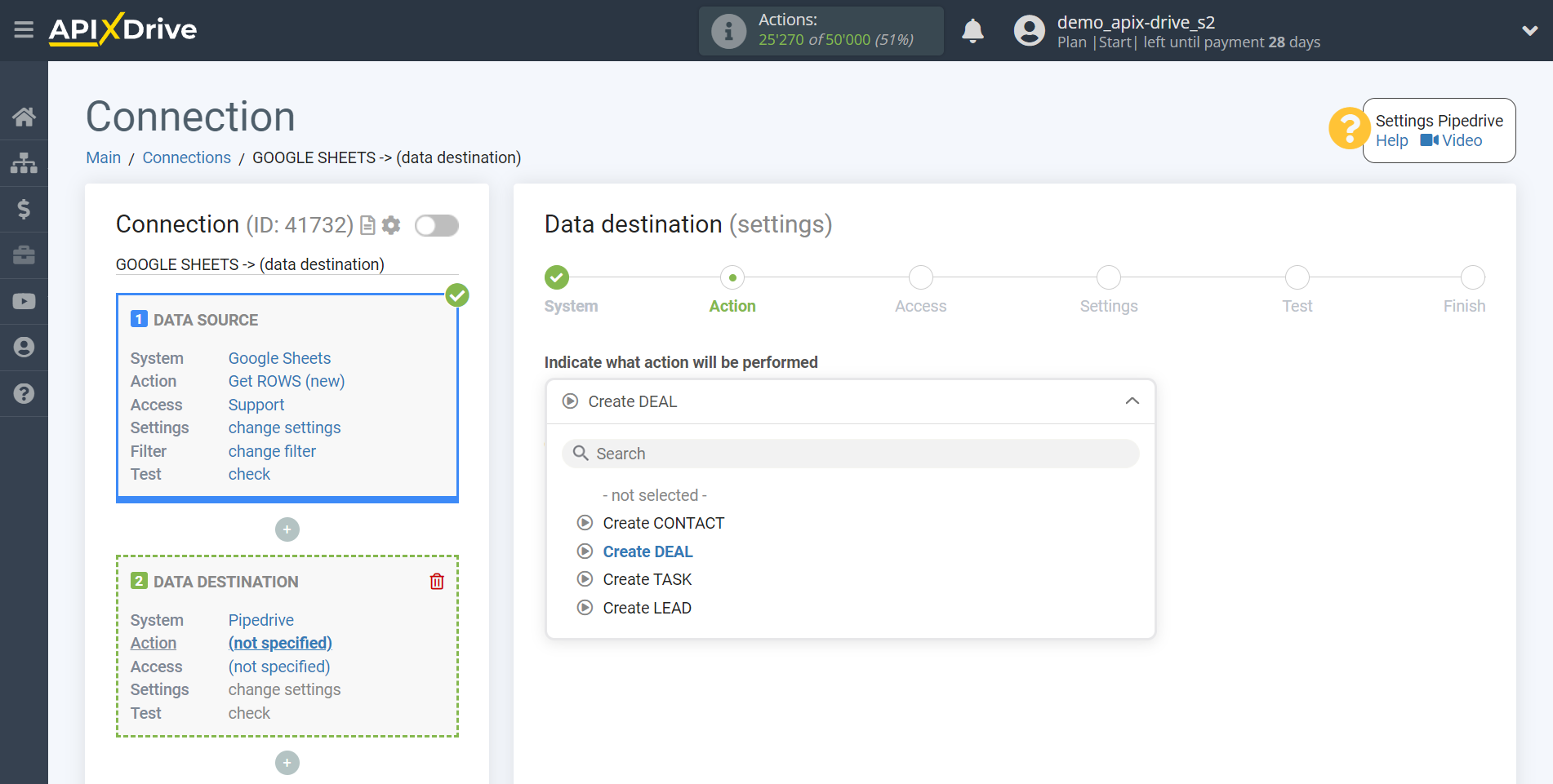 How to Connect Pipedrive as Data Destination | Action selection