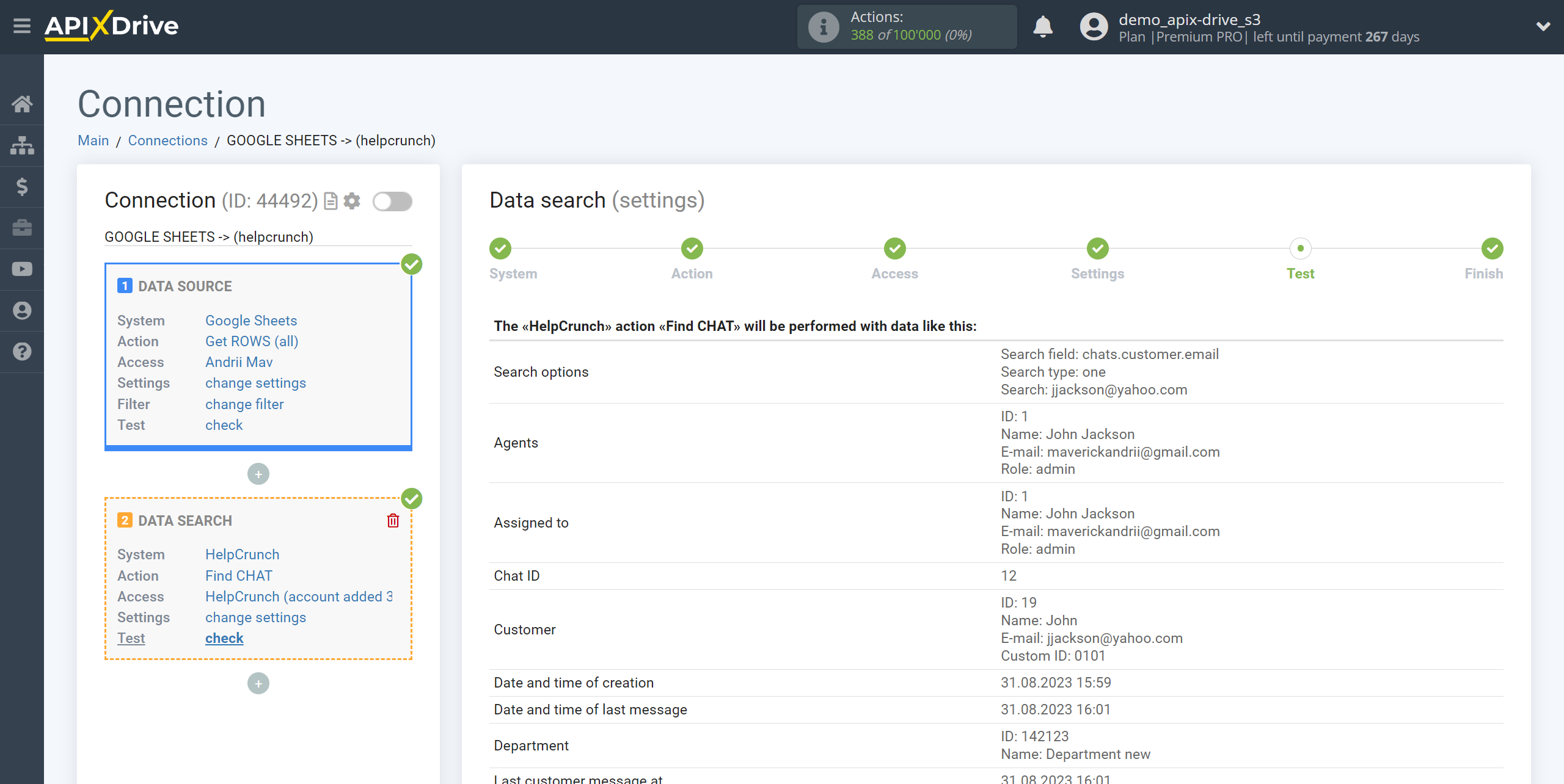 Setting up HelpCrunch Chat Search in Google Sheets | Test data