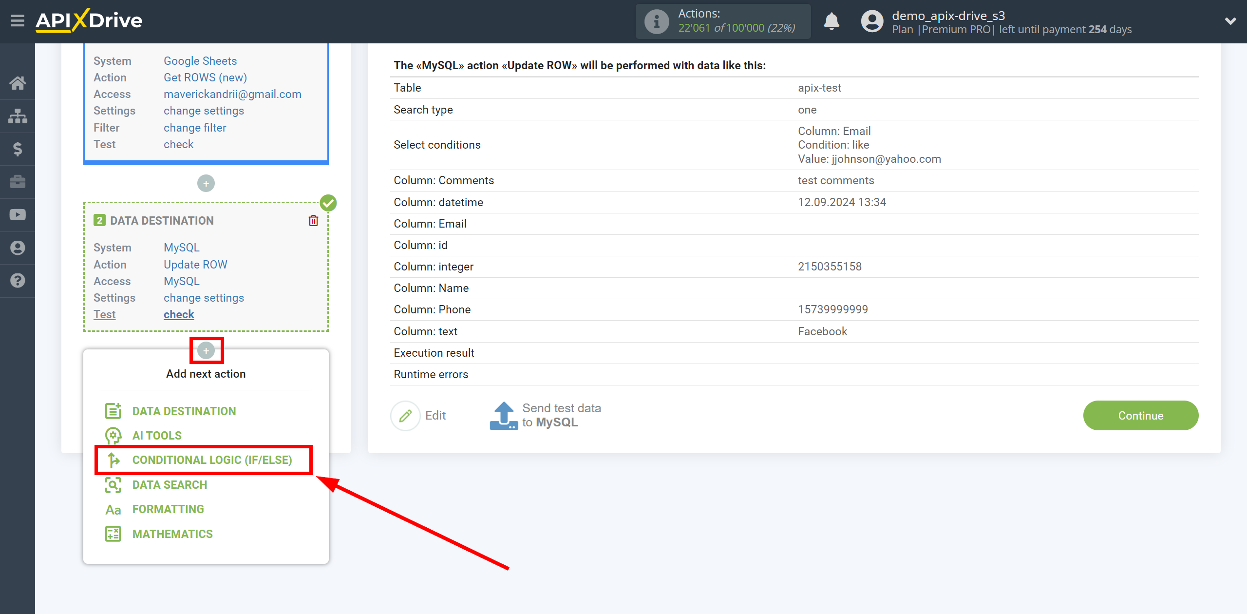 How to setup MySQL Update Row / Add Row | Start setting up the Logic section