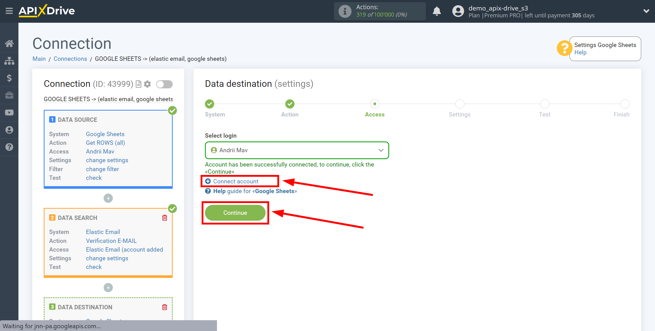 Setting Search to Verification E-MAIL Elastic Email in Google Sheets | Account selection