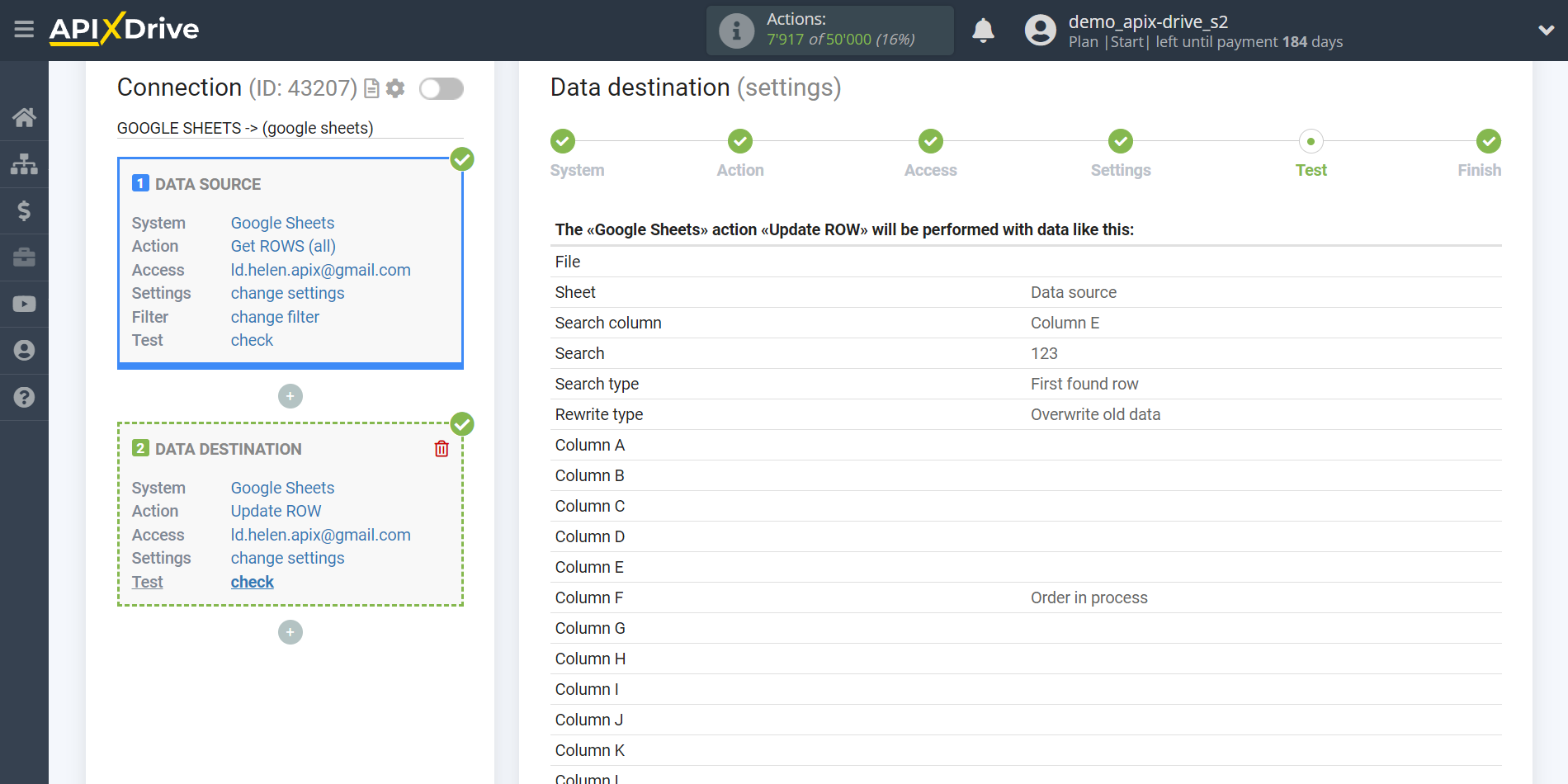 Setting up an Google Sheets to Update rows | Test data