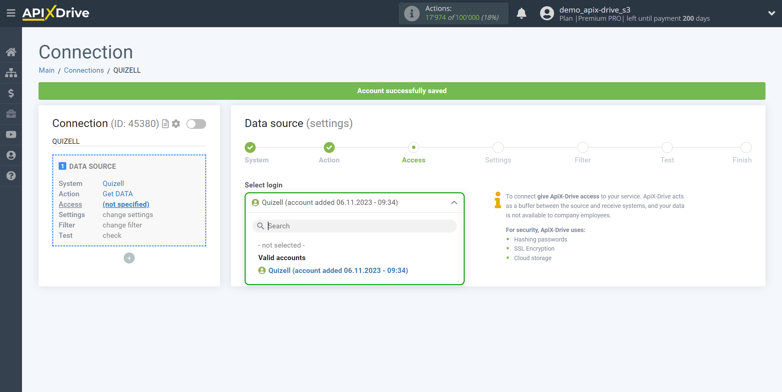 How to Connect Quizell as Data Source | Account selection