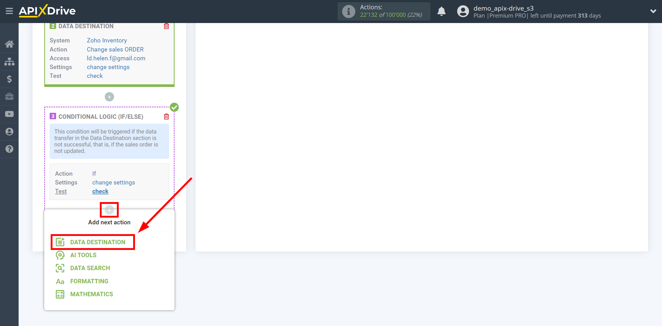 How to setup Zoho Inventory Change sales Order / Create sales Order | Start setting up Data Destination inside the Logic section