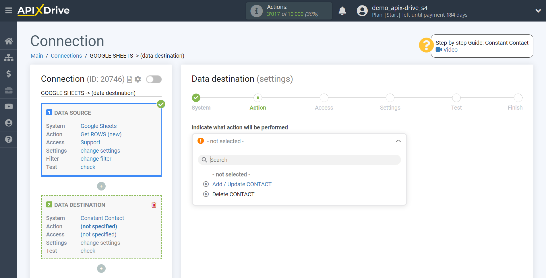 How to Connect Constant Contact as Data Destination | Action selection