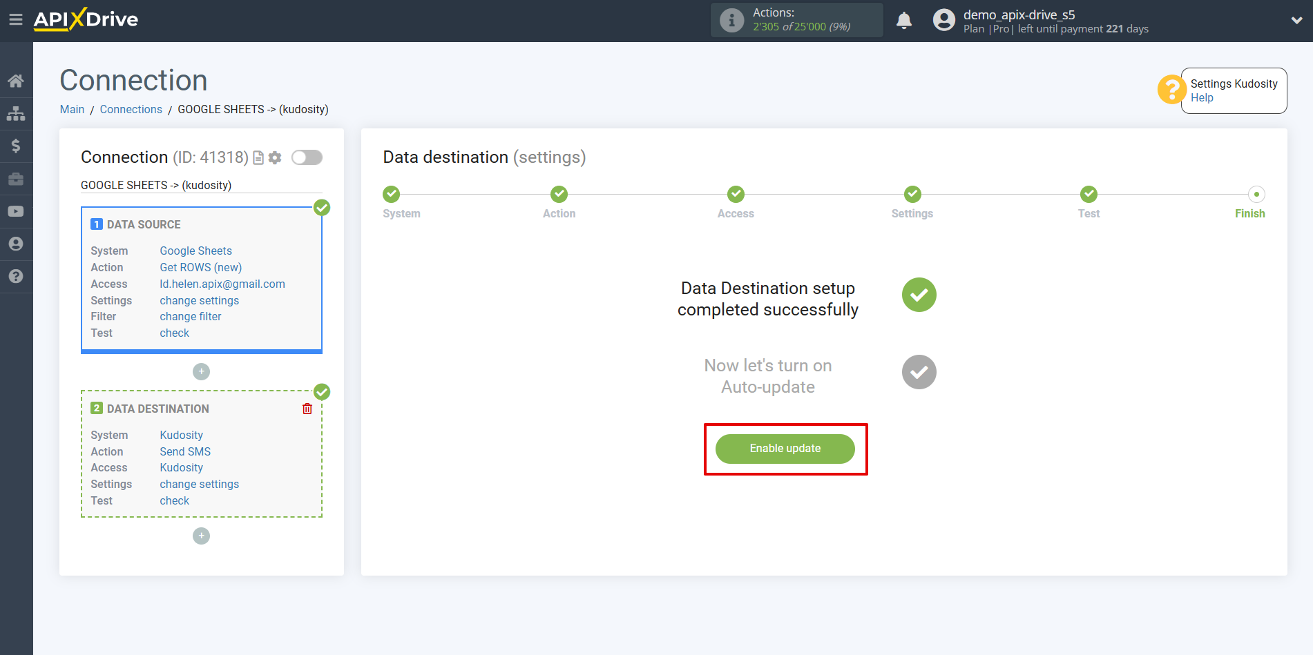 How to Connect Kudosity as Data Destination | Enable auto-update