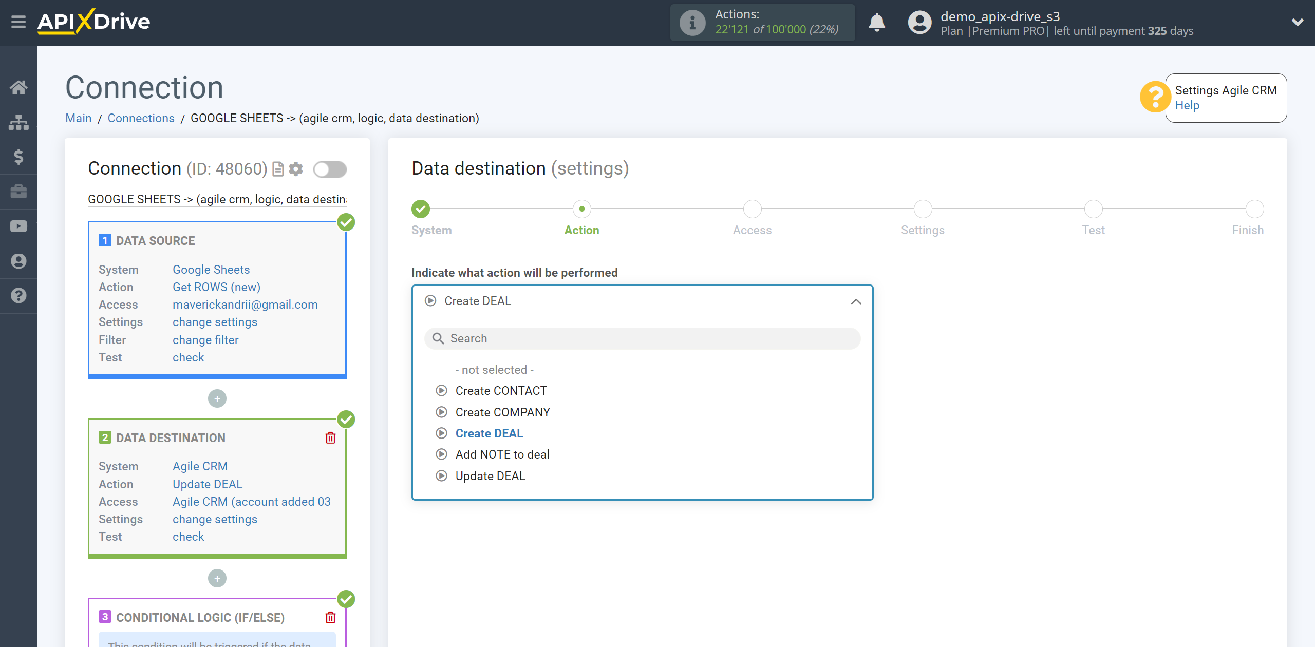 How to setup AgileCRM Update Deal / Create Deal | Action selection