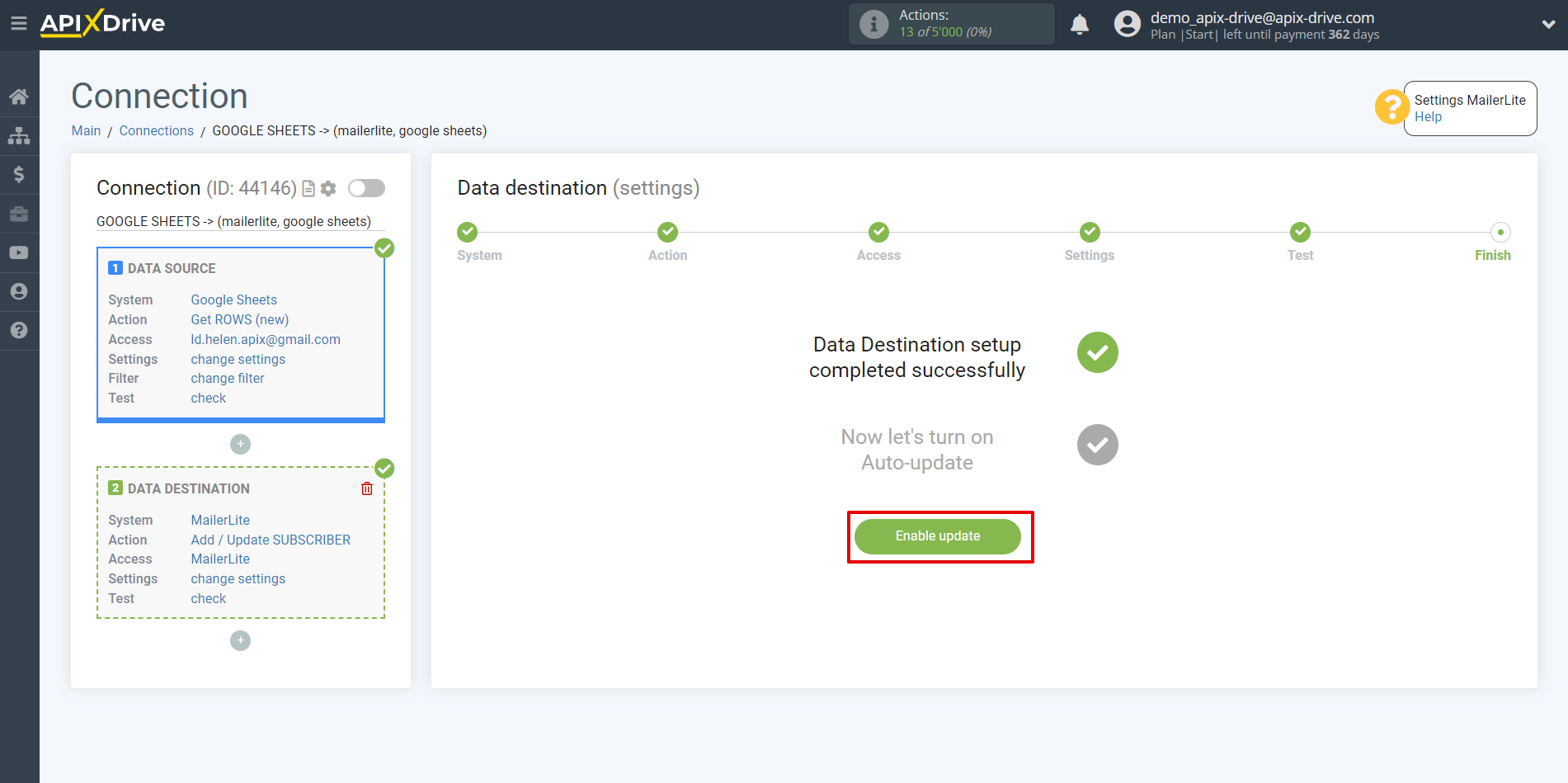 How to Connect MailerLite as Data Destination | Enable auto-update