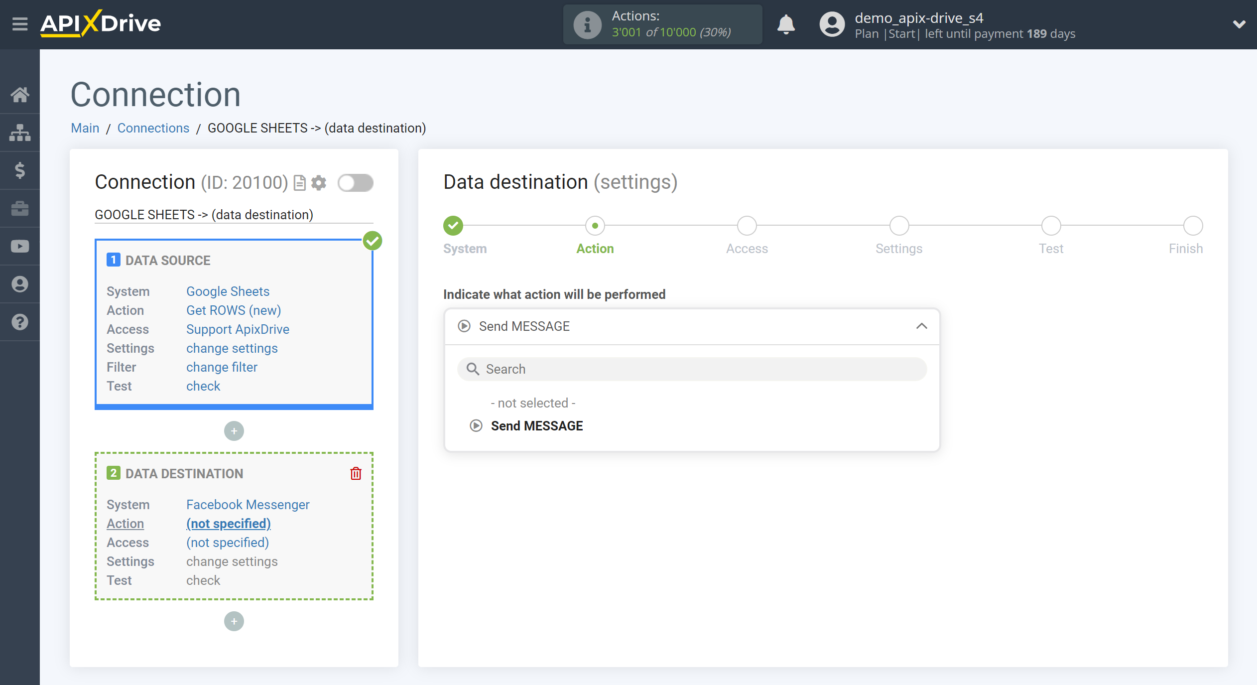 How to Connect Facebook Messenger as Data Destination | Action selection