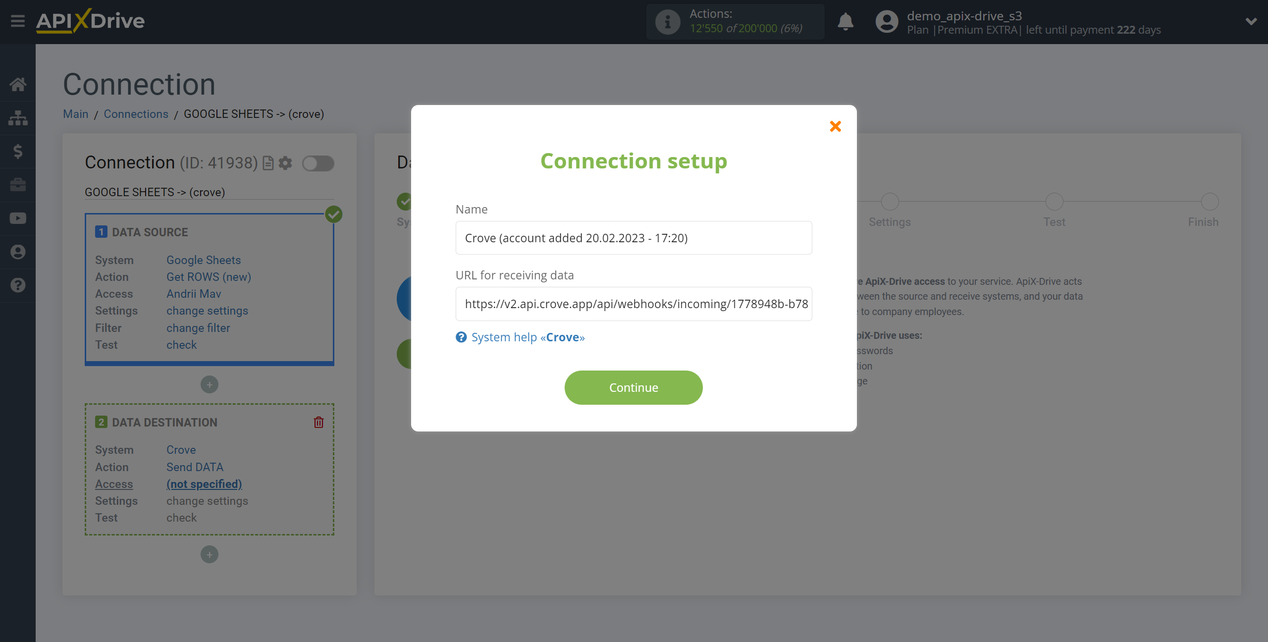 How to Connect Crove as Data Destination | Entering connection data