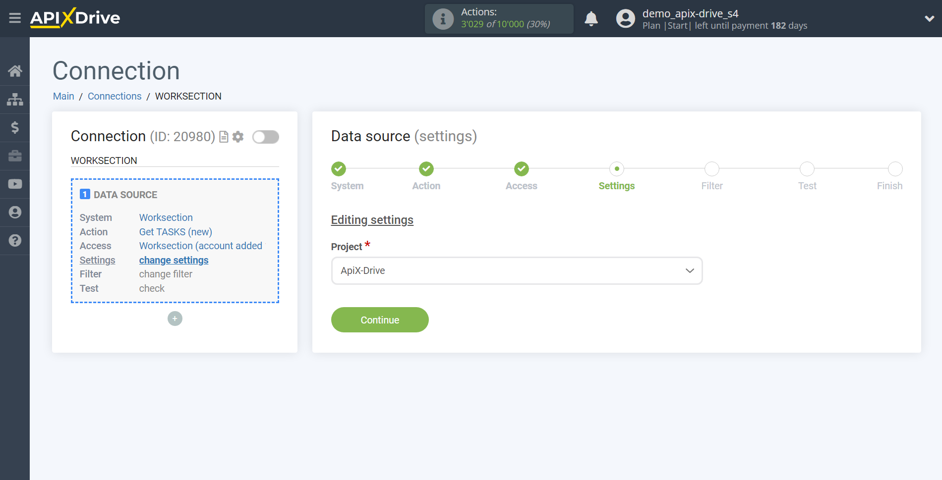 How to Connect Worksection as Data Source | Editing settings