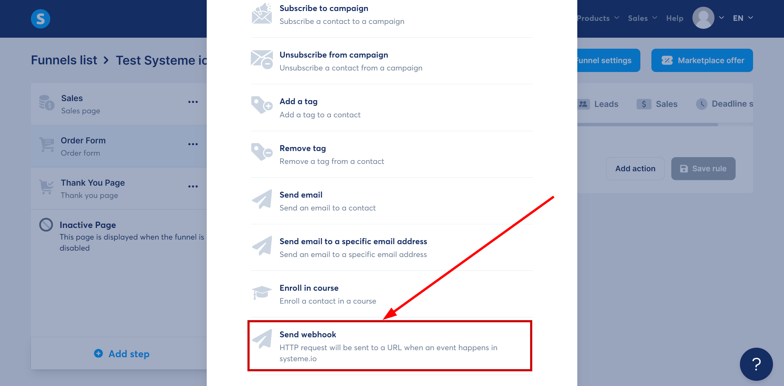 How to Connect Systeme.io as Data Source | Selecting a Webhook Action