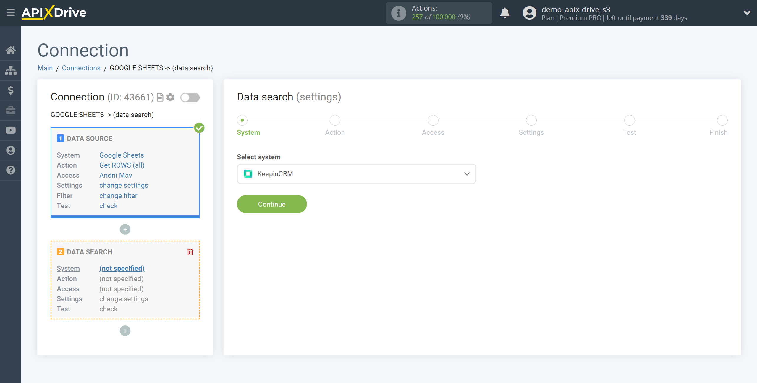 Setting up KeepinCRM Agreement Search in Google Sheets | System selection