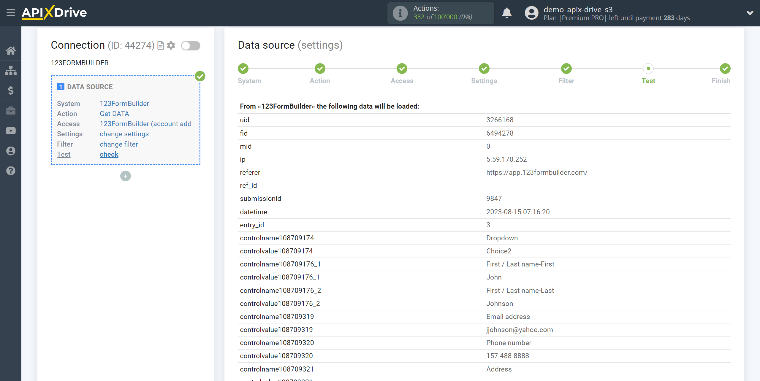 How to Connect 123FormBuilder as Data Source | Test data