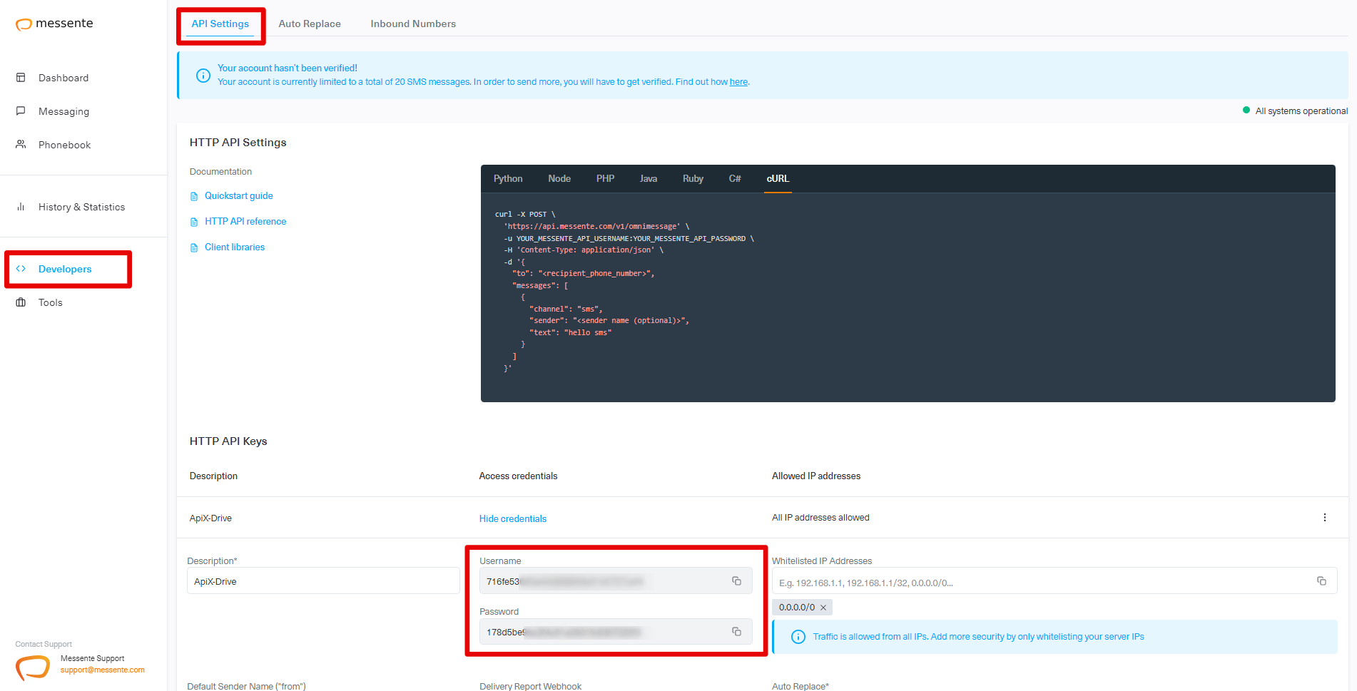 How to Connect Messente as Data Destination | Account connection